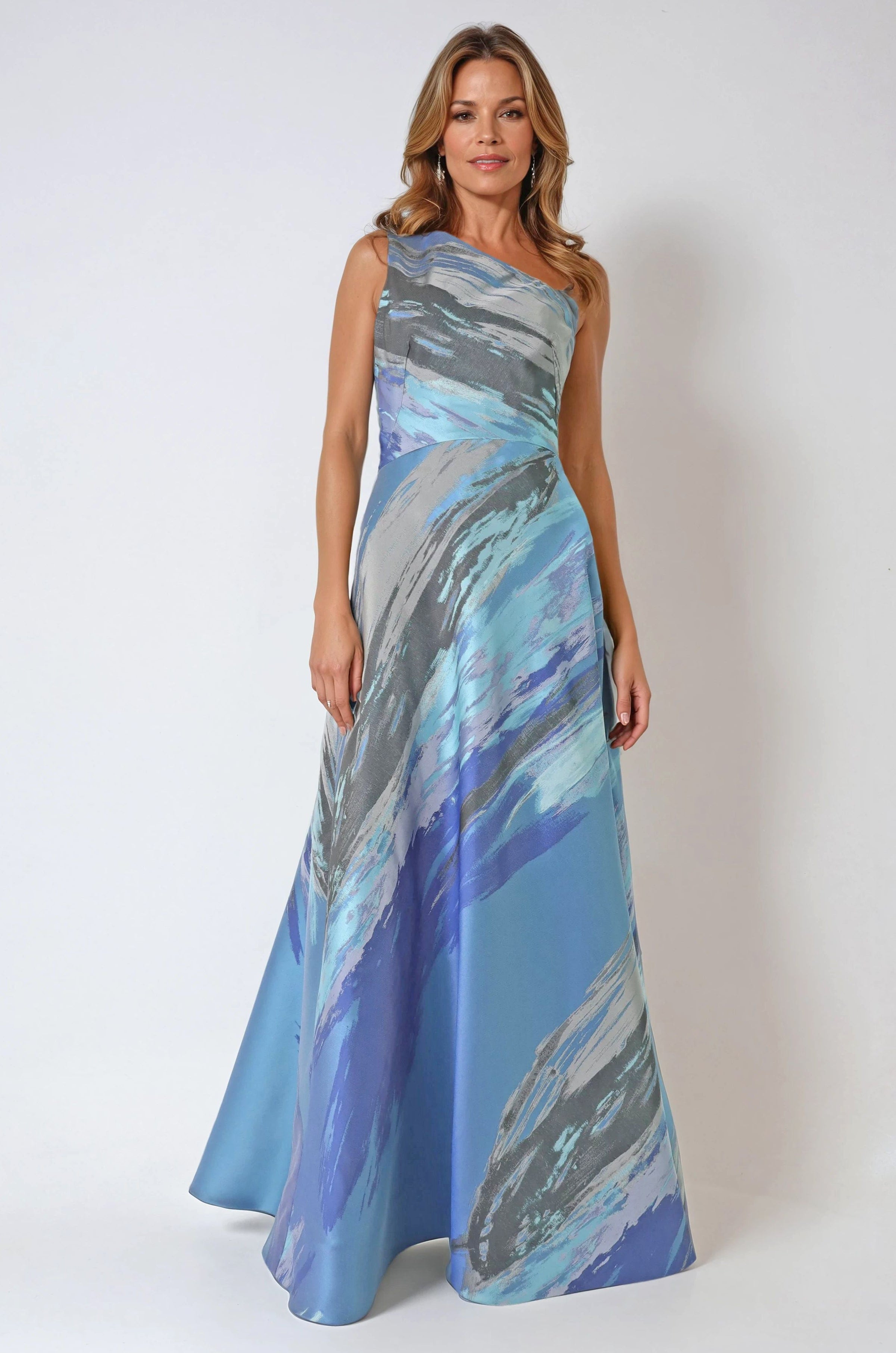 One Shoulder Satin Jacquard A-Line Gown Gown Rene Ruiz Collection