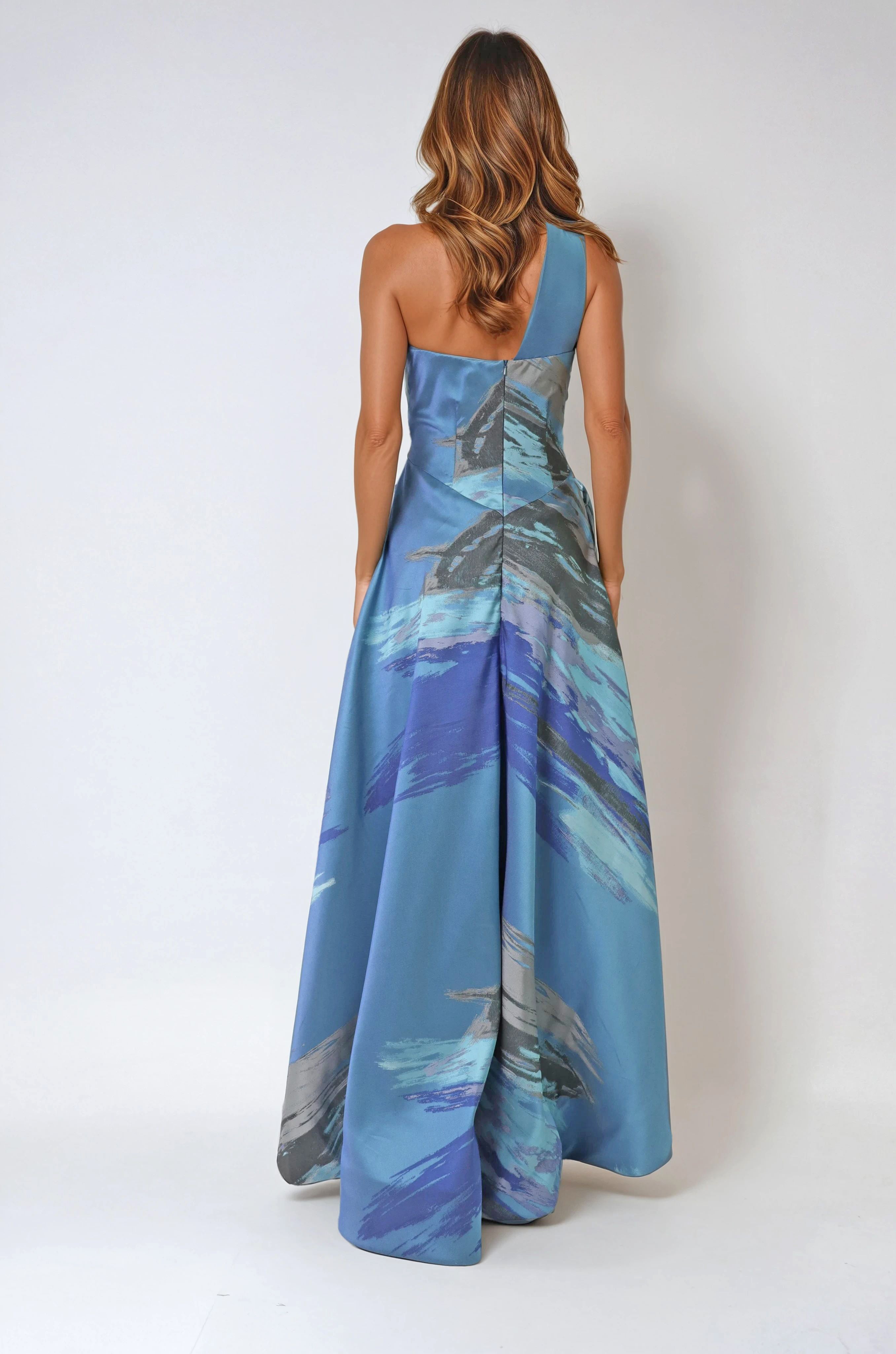 One Shoulder Satin Jacquard A-Line Gown Gown Rene Ruiz Collection