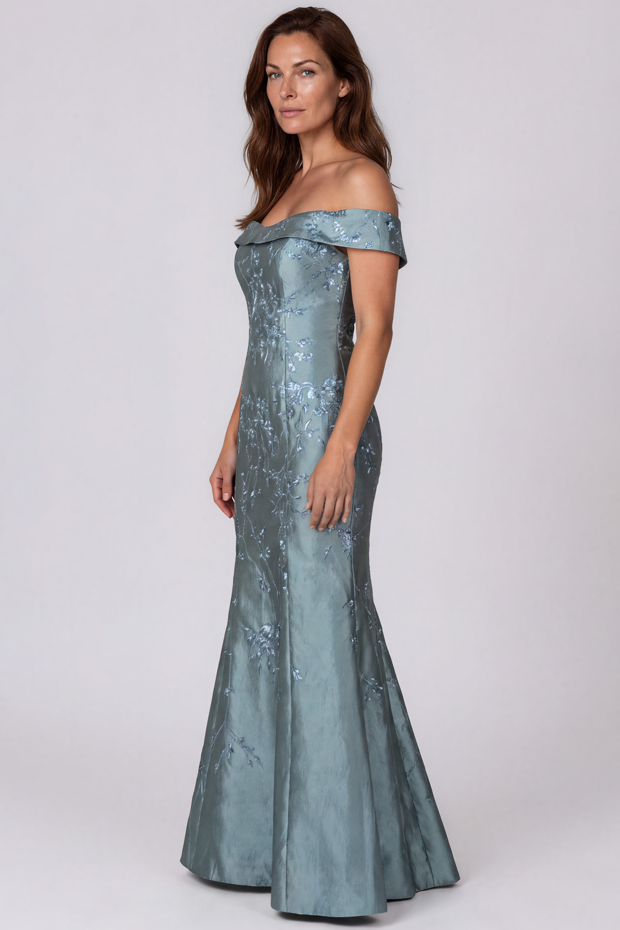 Off The Shoulder Brocade Fit and Flare Gown Gown Rene Ruiz Collection