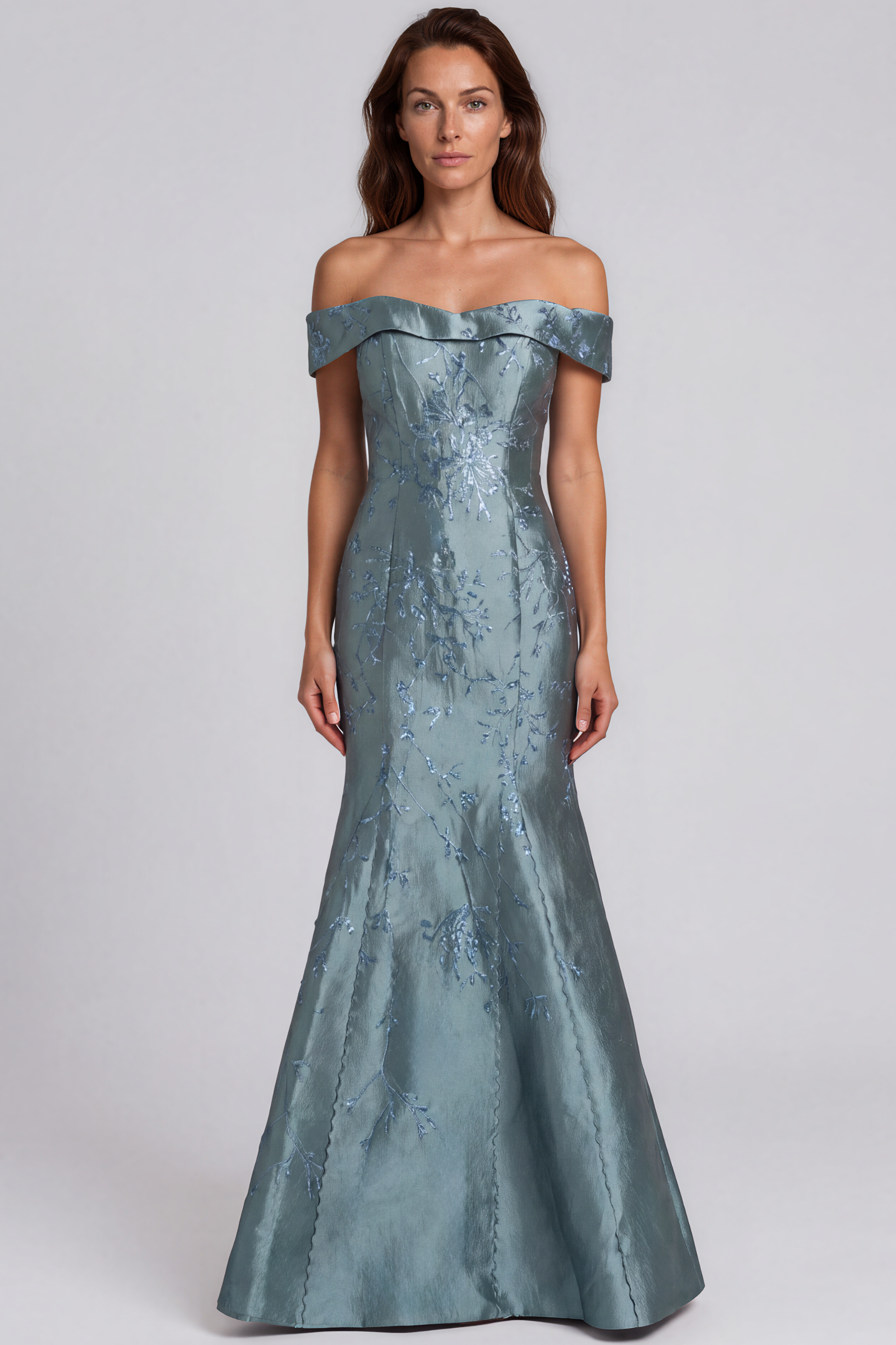 Off The Shoulder Brocade Fit and Flare Gown Gown Rene Ruiz Collection