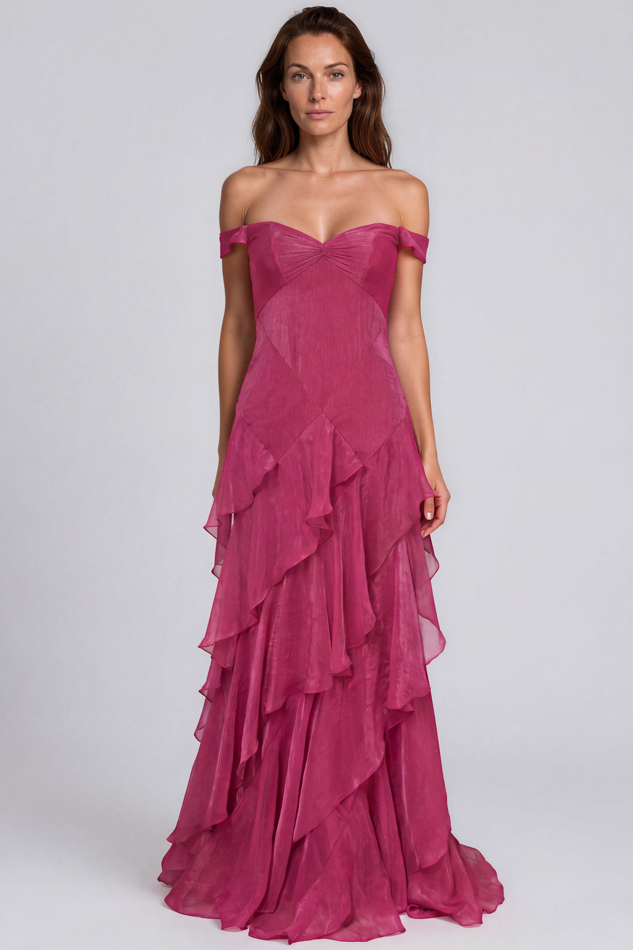 Off The Shoulder Tiered Ruffle Skirt Fit And Flare Chiffon Gown Gown Rene Ruiz Collection