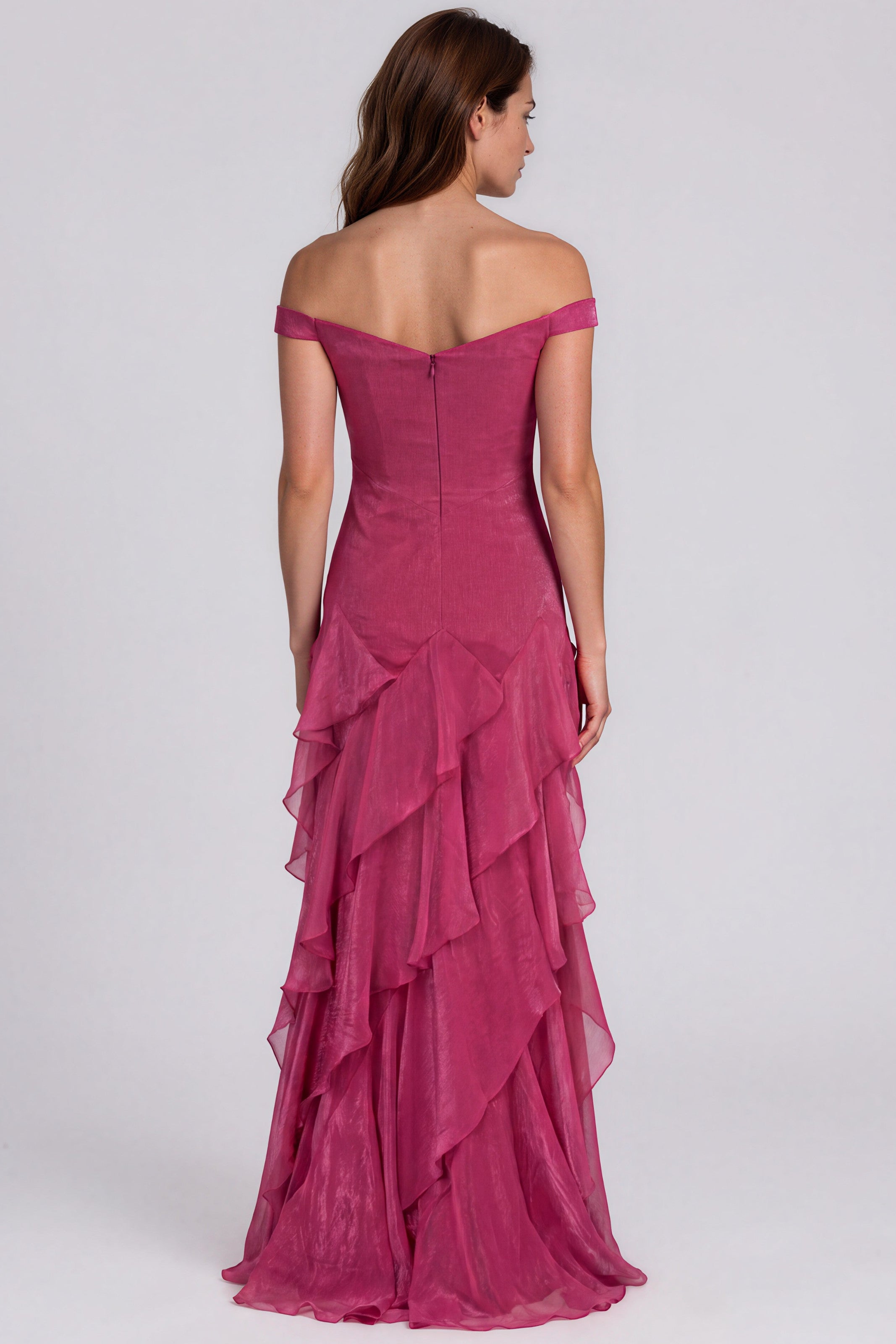 Off The Shoulder Tiered Ruffle Skirt Fit And Flare Chiffon Gown Gown Rene Ruiz Collection