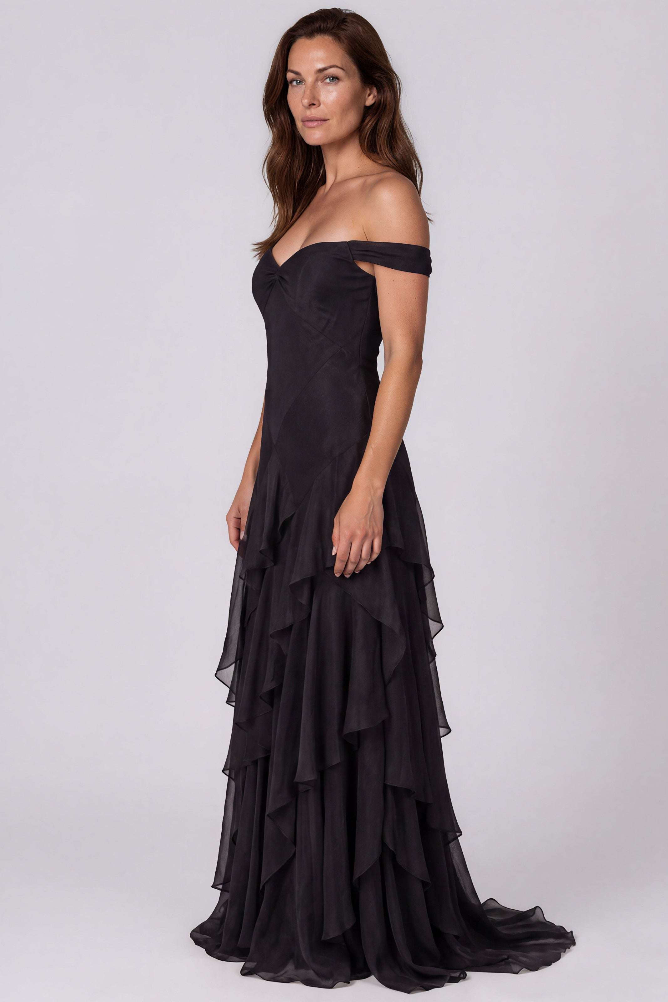 Off The Shoulder Tiered Ruffle Skirt Fit And Flare Chiffon Gown Gown Rene Ruiz Collection