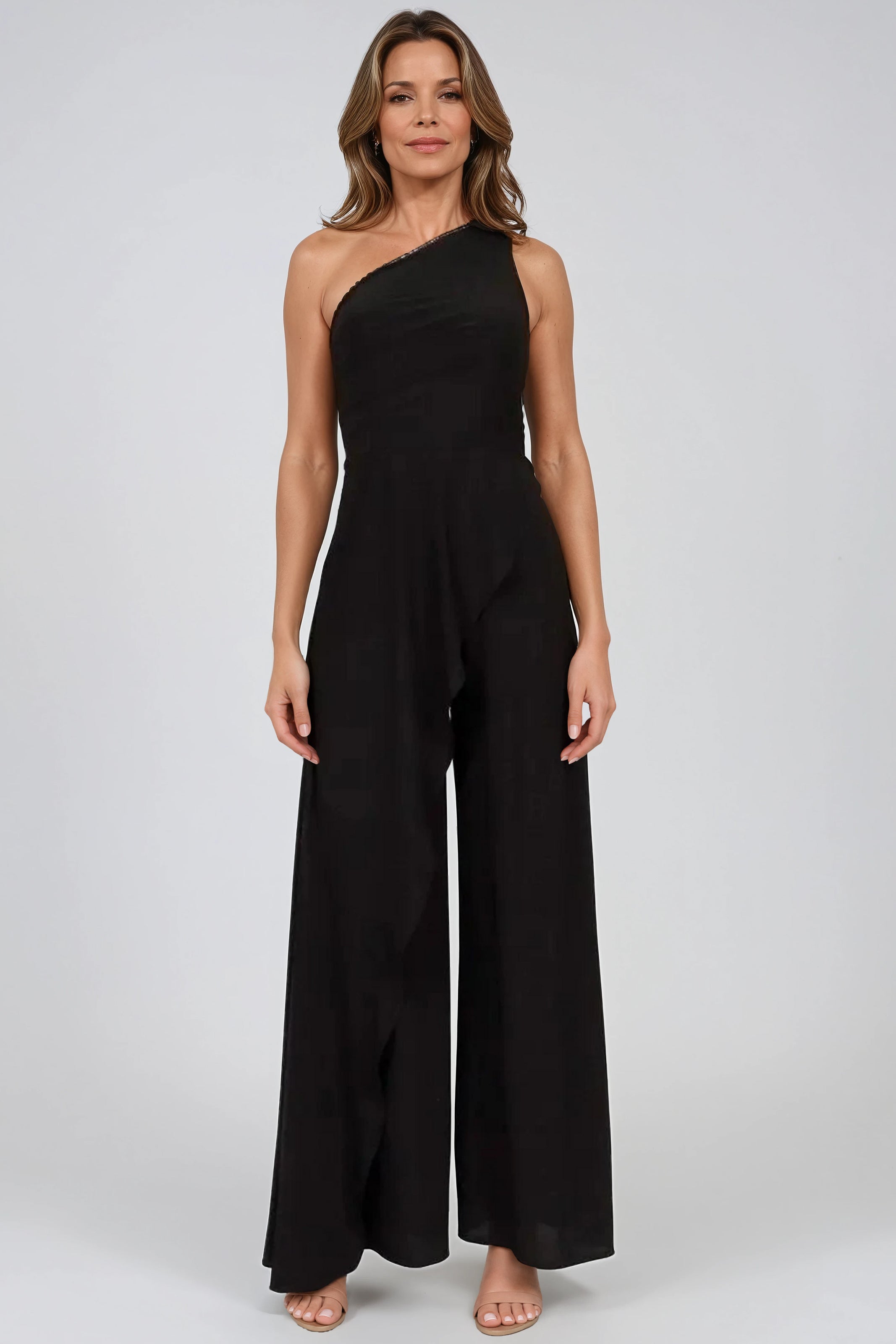 One Shoulder Draped Jersey Knit Wide Leg Jumpsuit Jumpsuit Rene Ruiz Collection