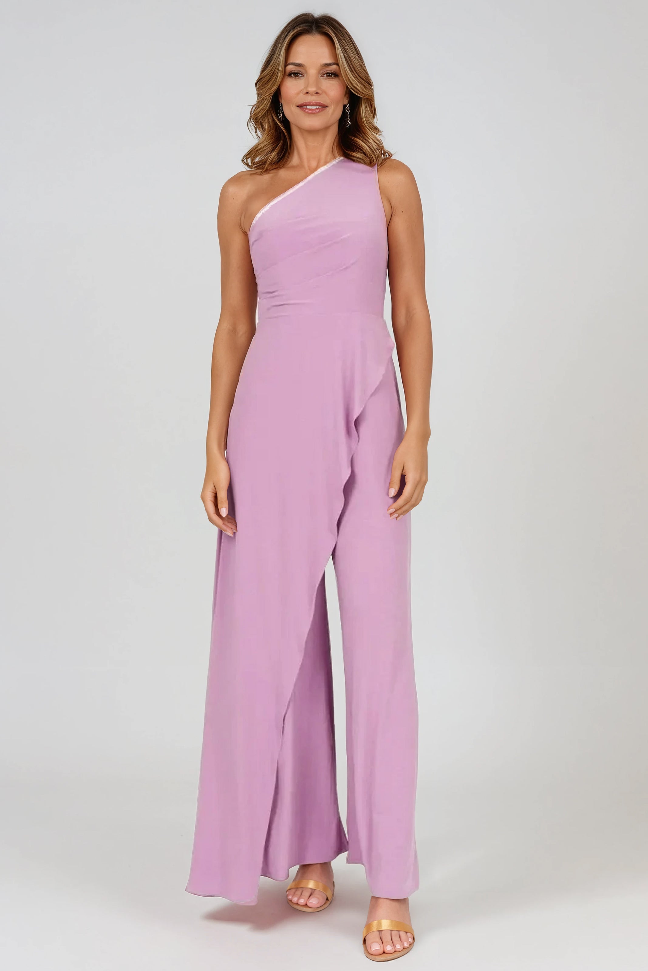 One Shoulder Draped Jersey Knit Wide Leg Jumpsuit