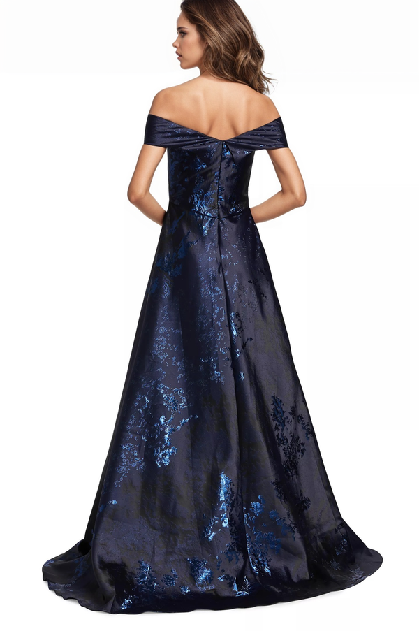 Off Shoulder Brocade Cascading Ruffle Gown