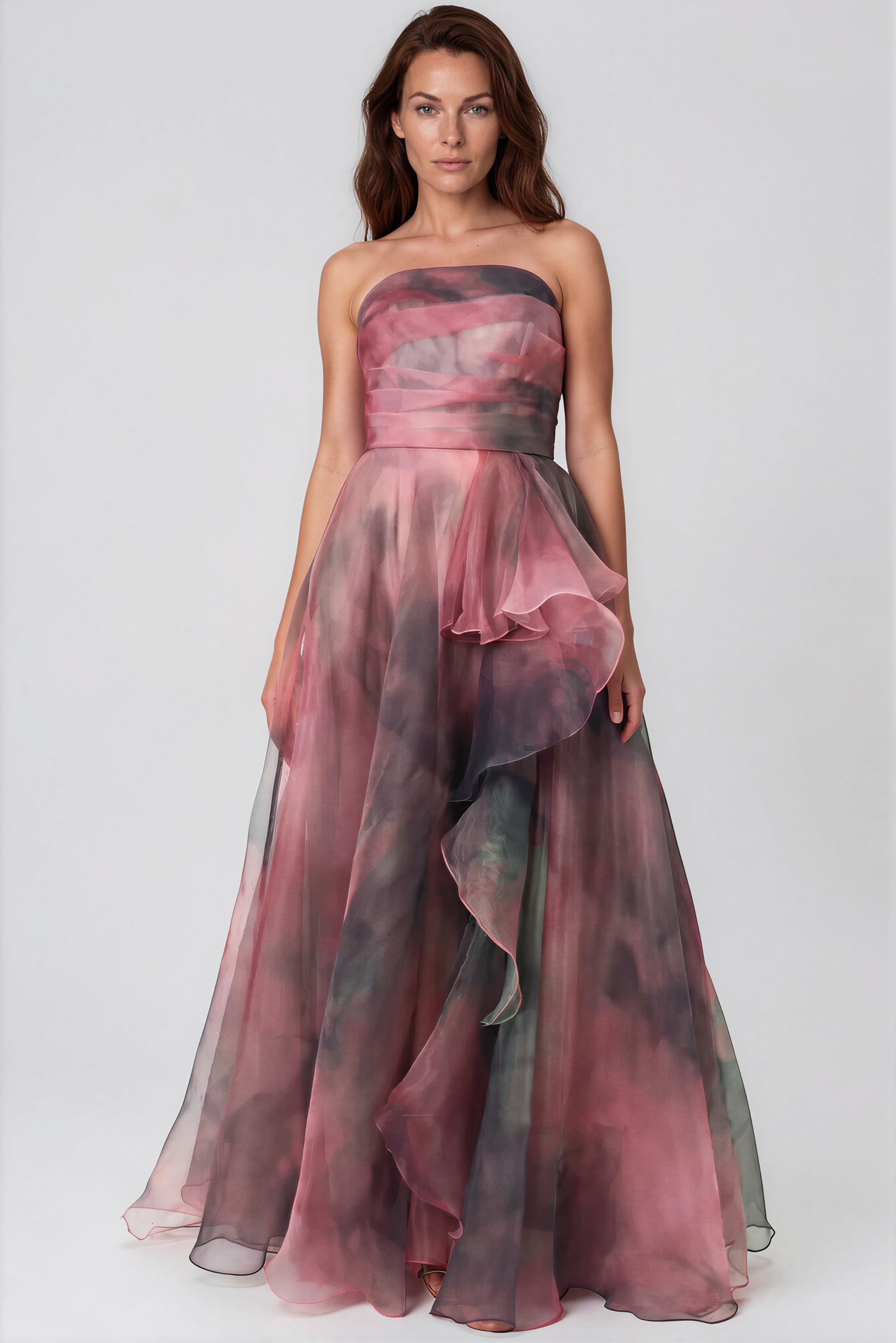 Strapless Ruffled Organza A-Line Gown