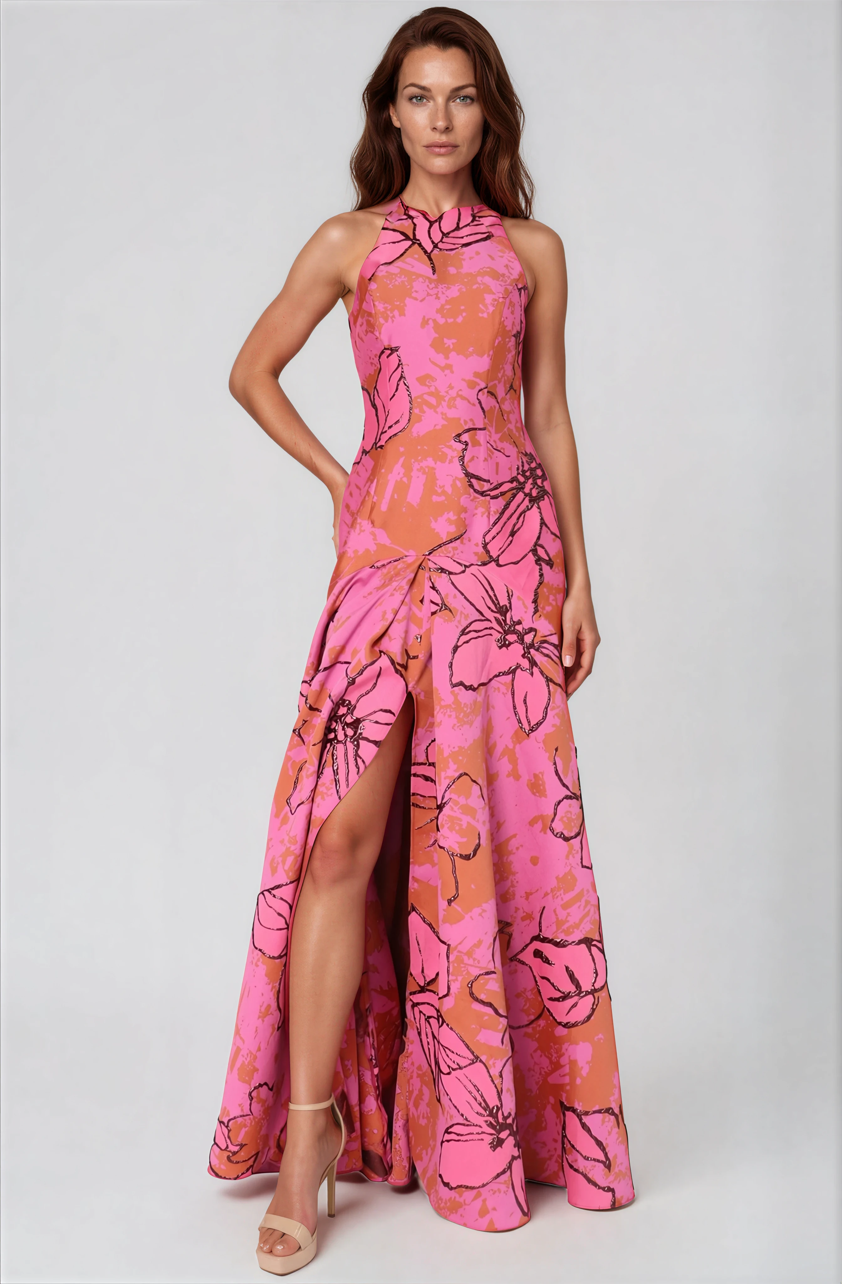 Halter Brocade Fit and Flare Gown Gown Rene Ruiz Collection