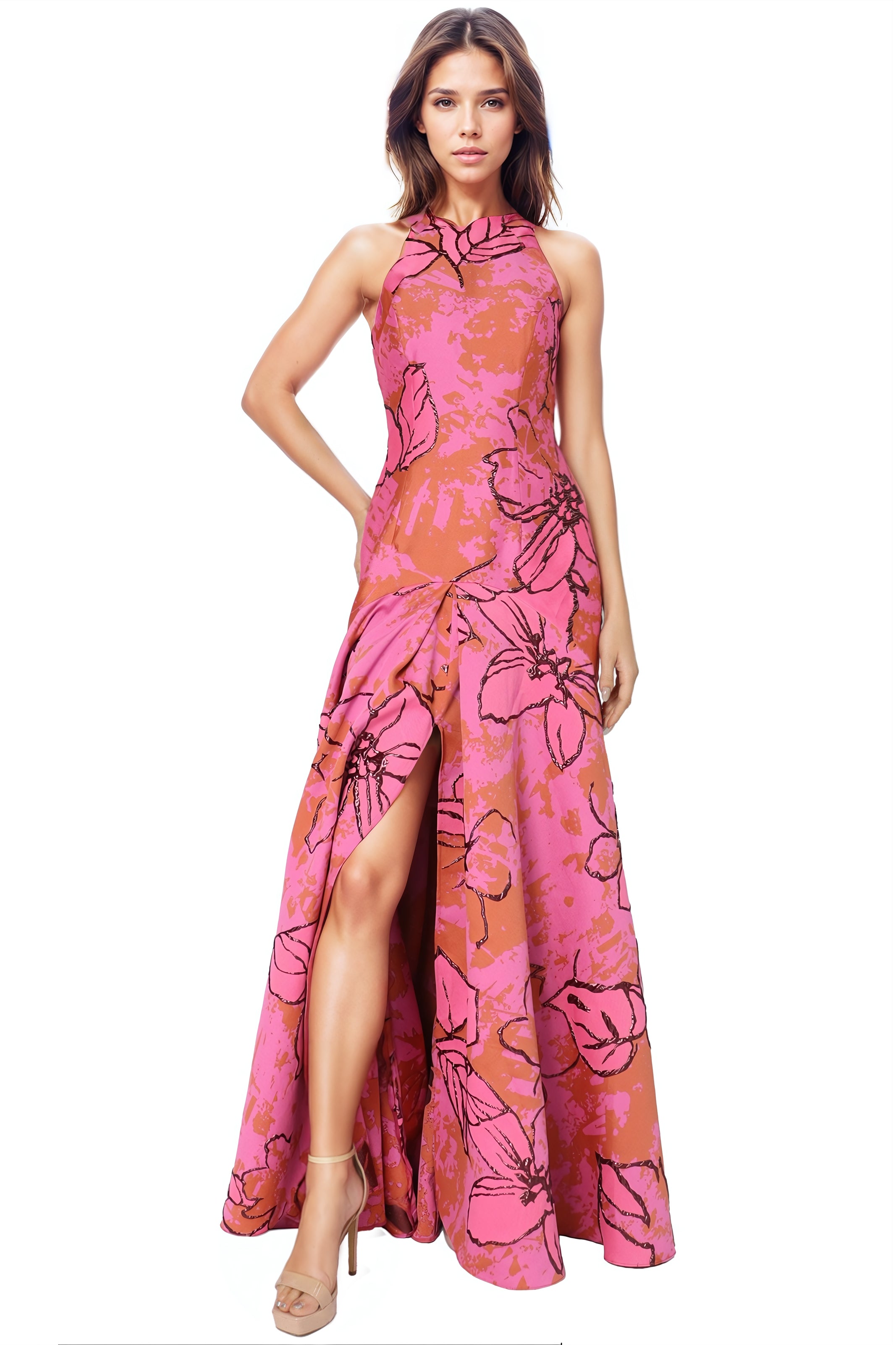 Halter Brocade Fit and Flare Gown  