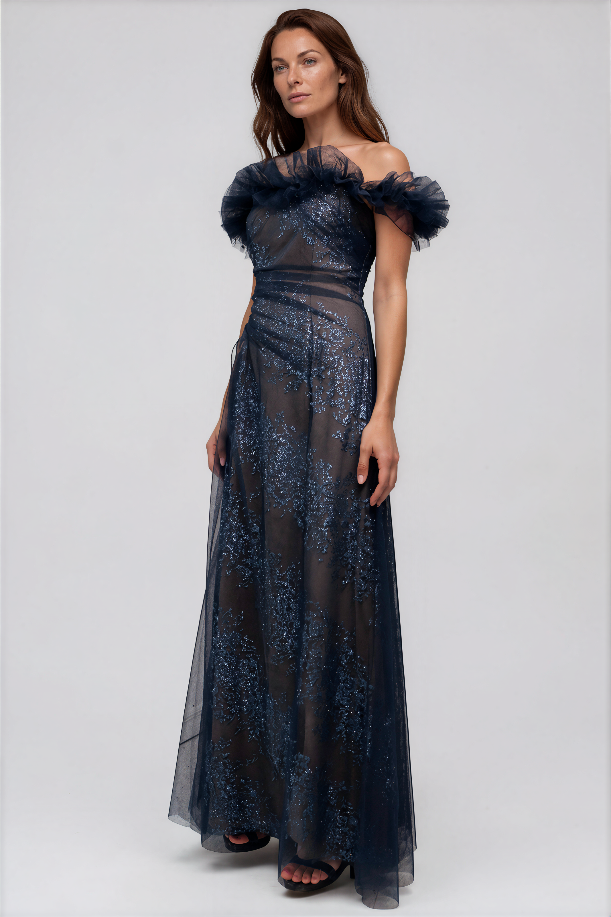 Off The Shoulder Ruffled Fit and Flare Gown Gown Rene Ruiz Collection