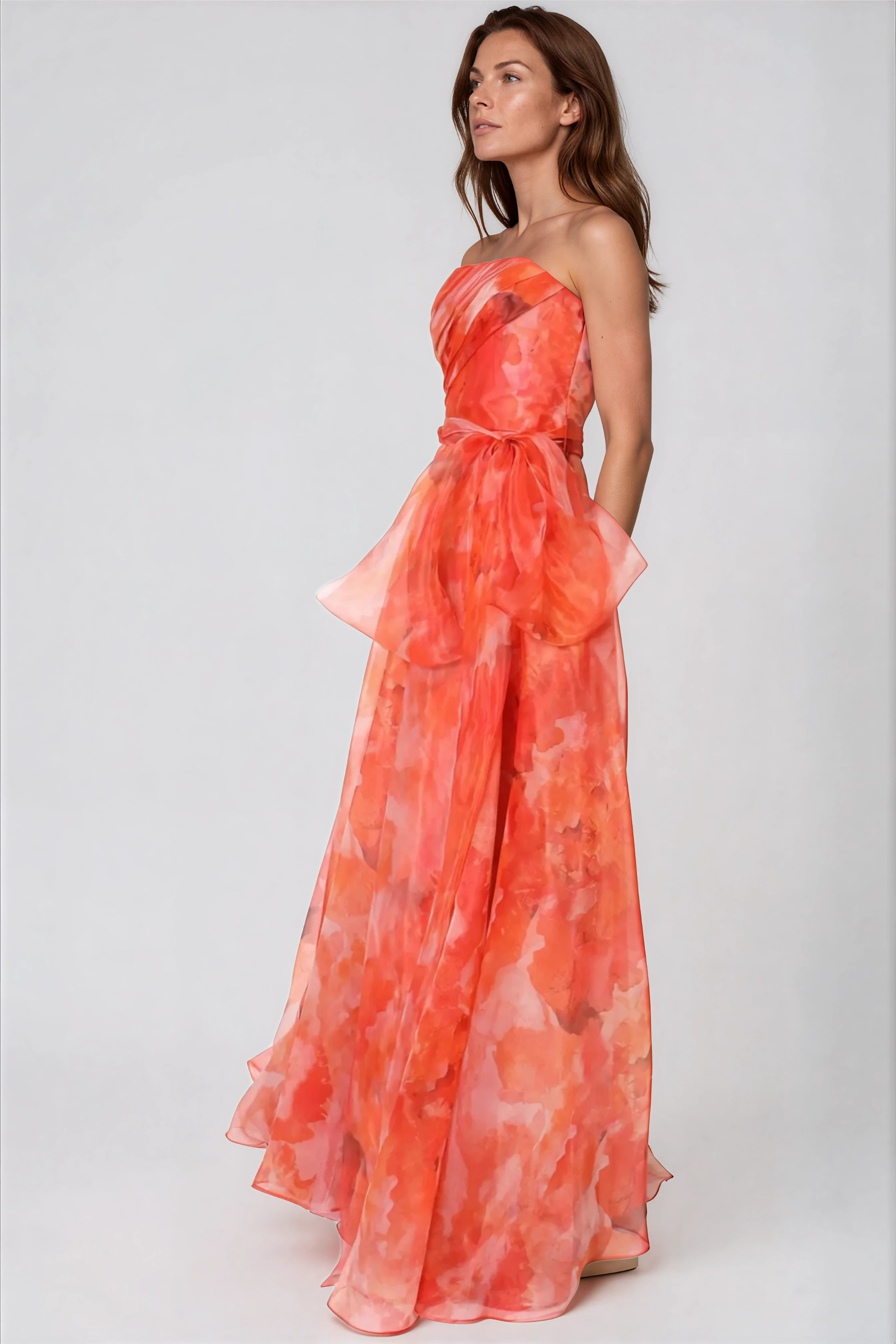 Strapless Organza Gown With Belt Gown Rene Ruiz Collection