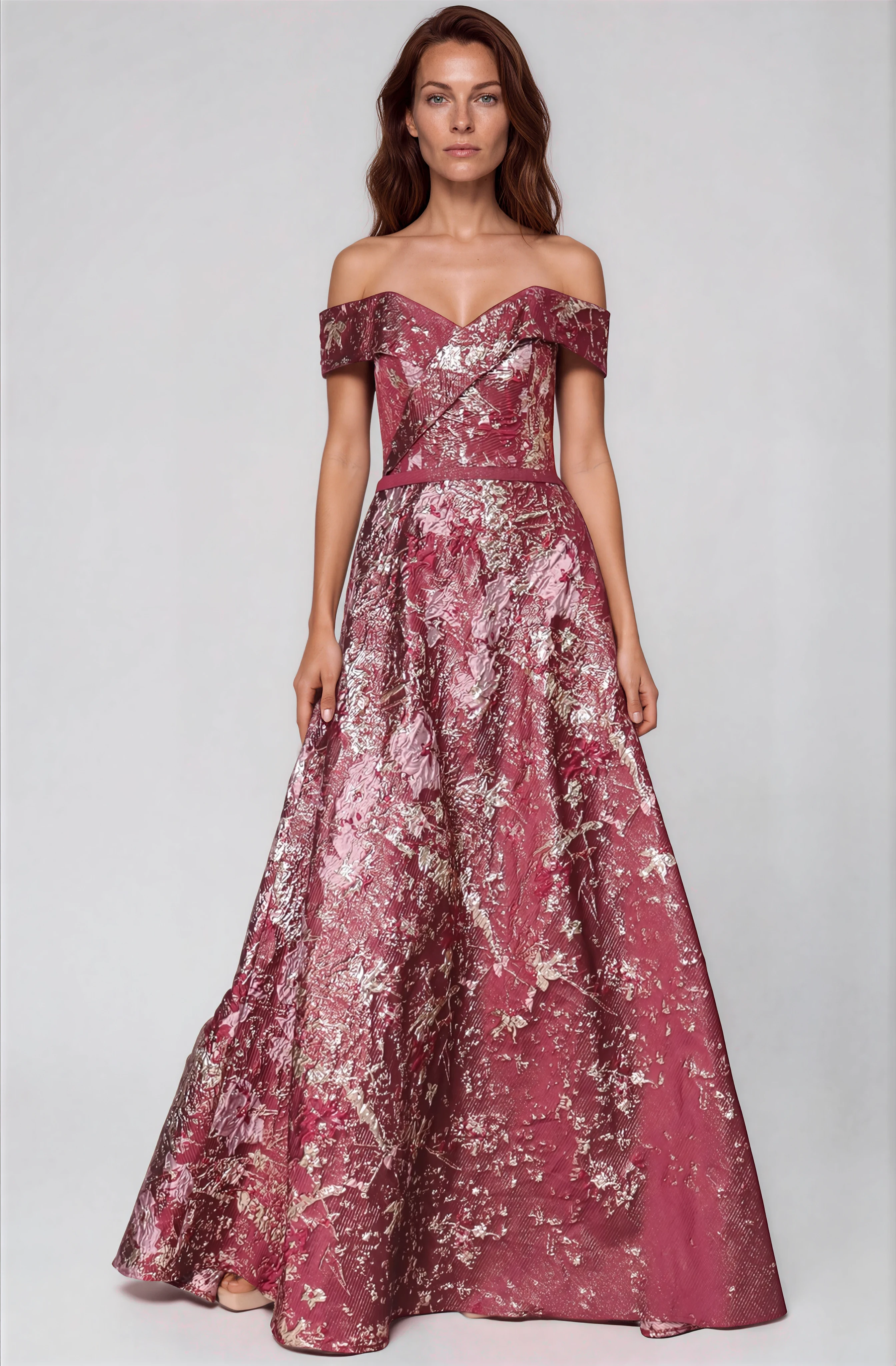 Off The Shoulder A-Line Brocade Gown Gown Rene Ruiz Collection