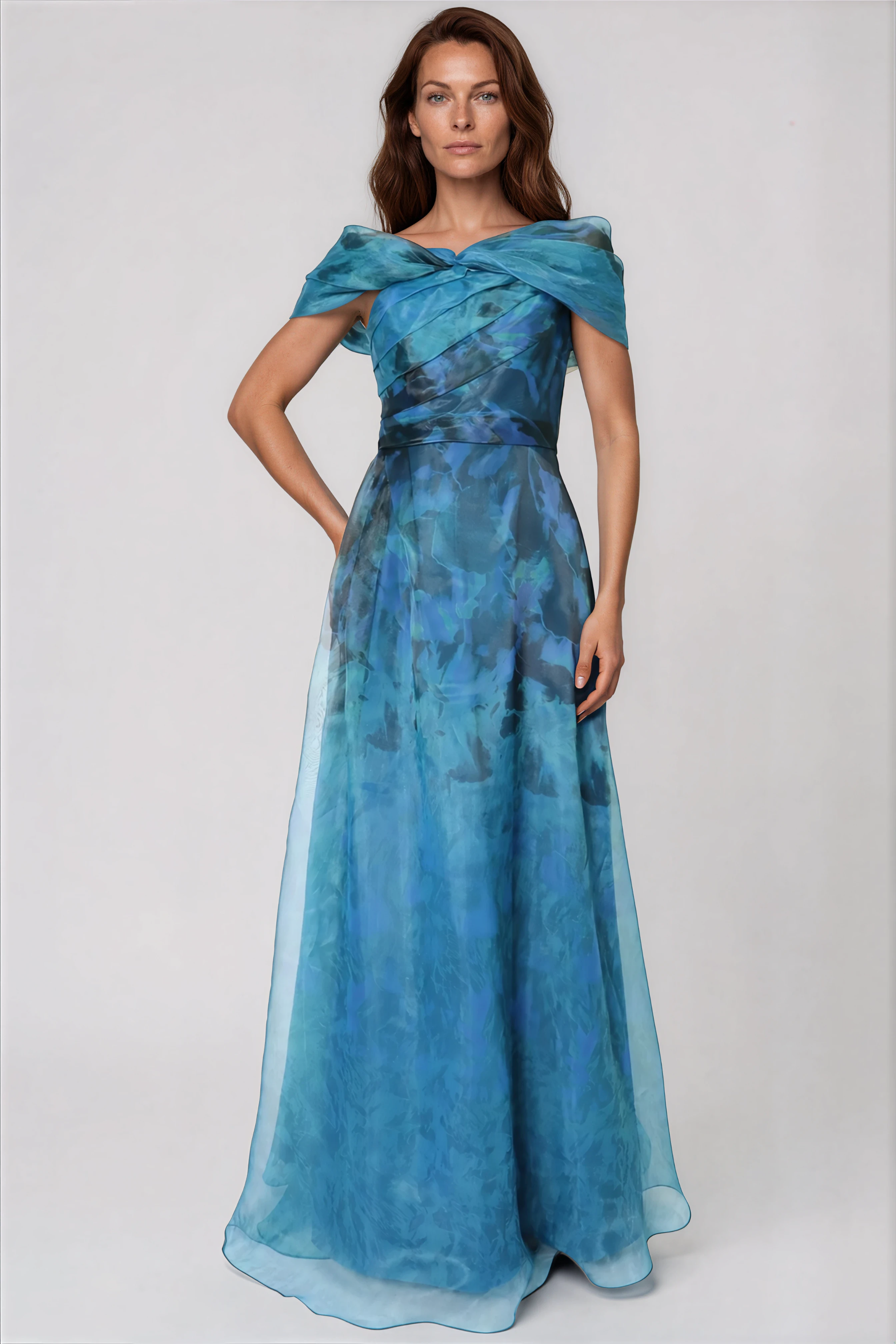 Twisted Off The Shoulder Organza Gown Gown Rene Ruiz Collection Teal