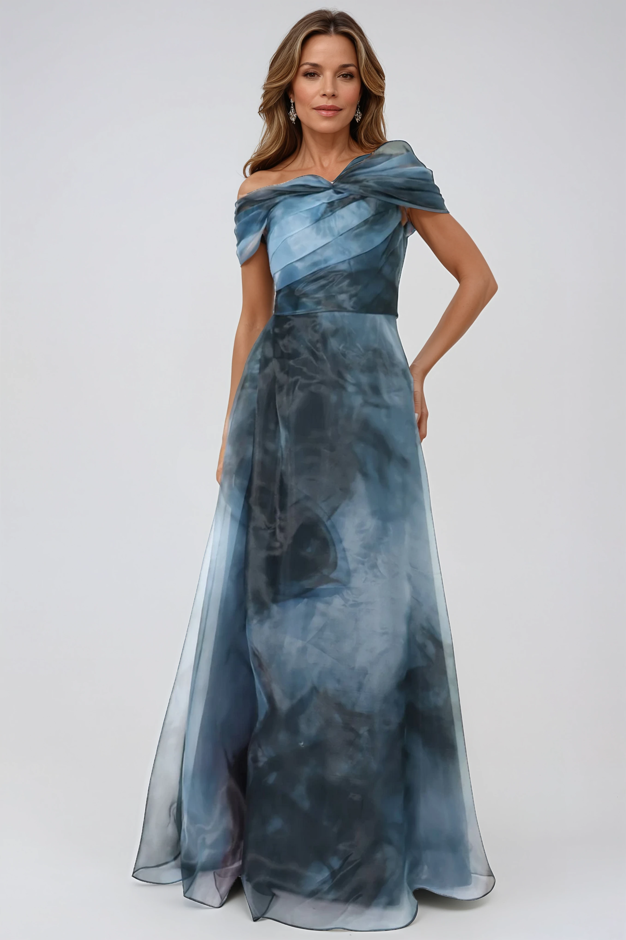 Twisted Off The Shoulder Organza Gown Gown Rene Ruiz Collection Blue Smoke