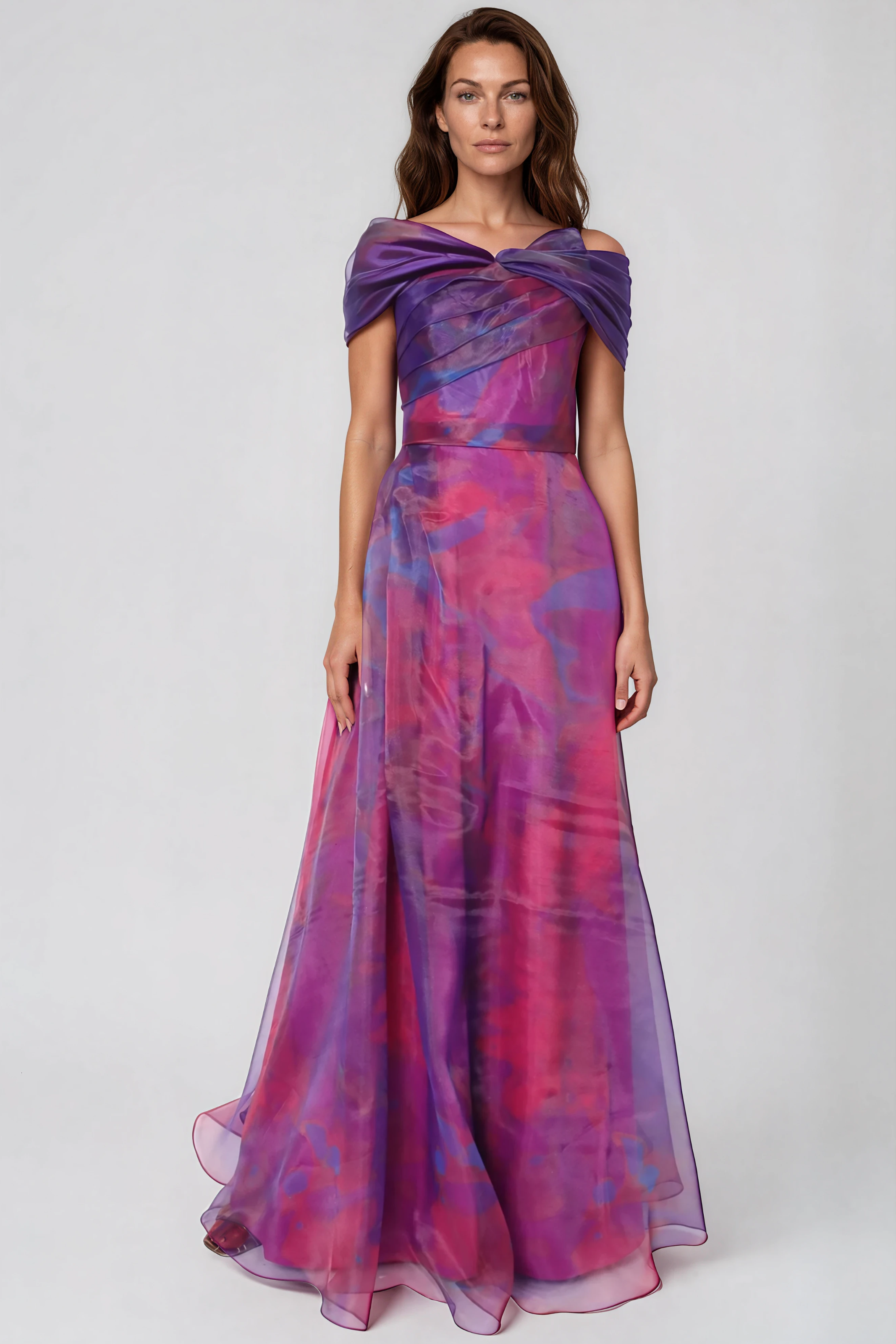 Twisted Off The Shoulder Organza Gown Gown Rene Ruiz Collection Pink Multi