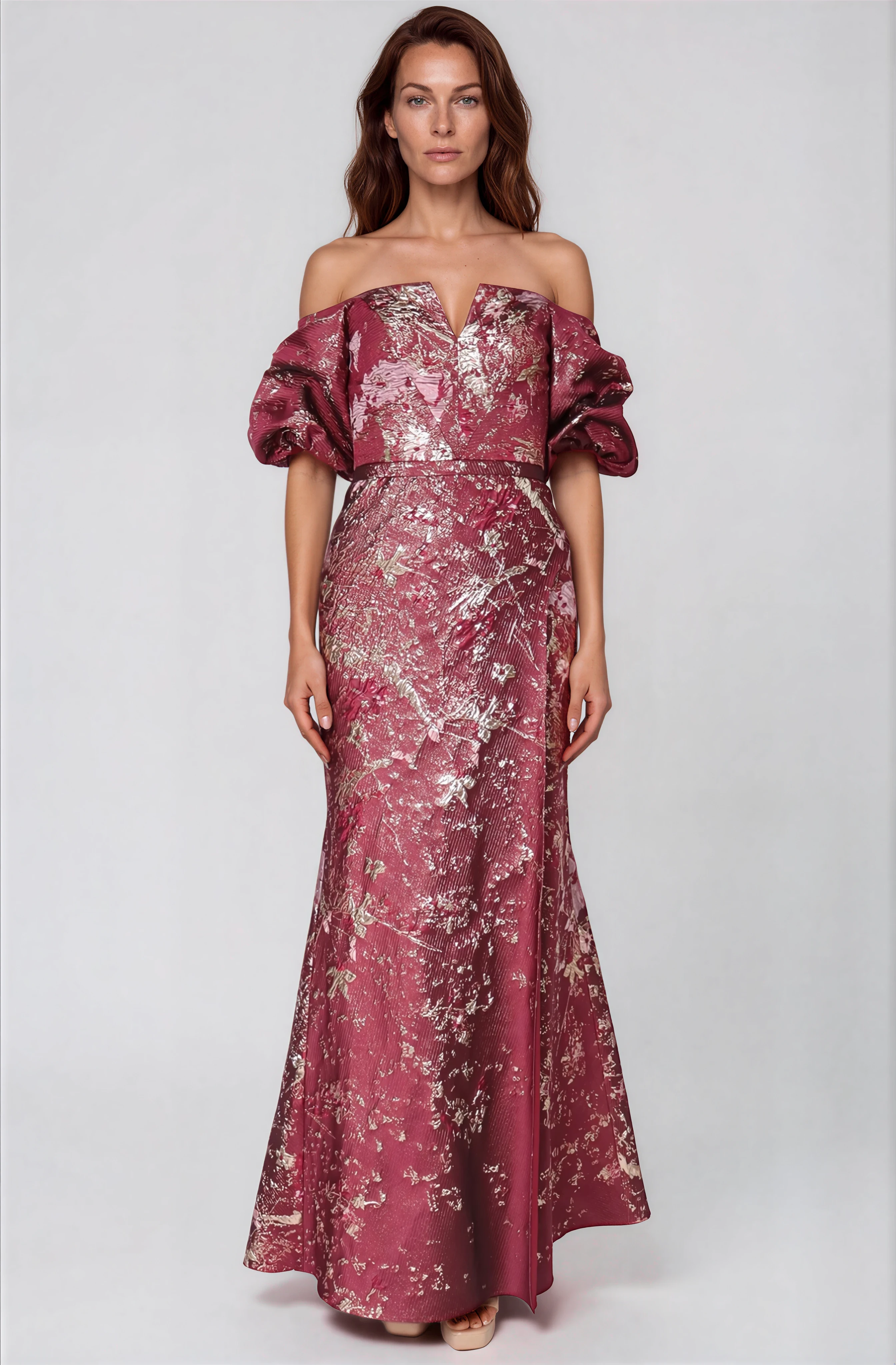 Off The Shoulder Gathered Puff Sleeve Brocade Gown with Notched Neckline