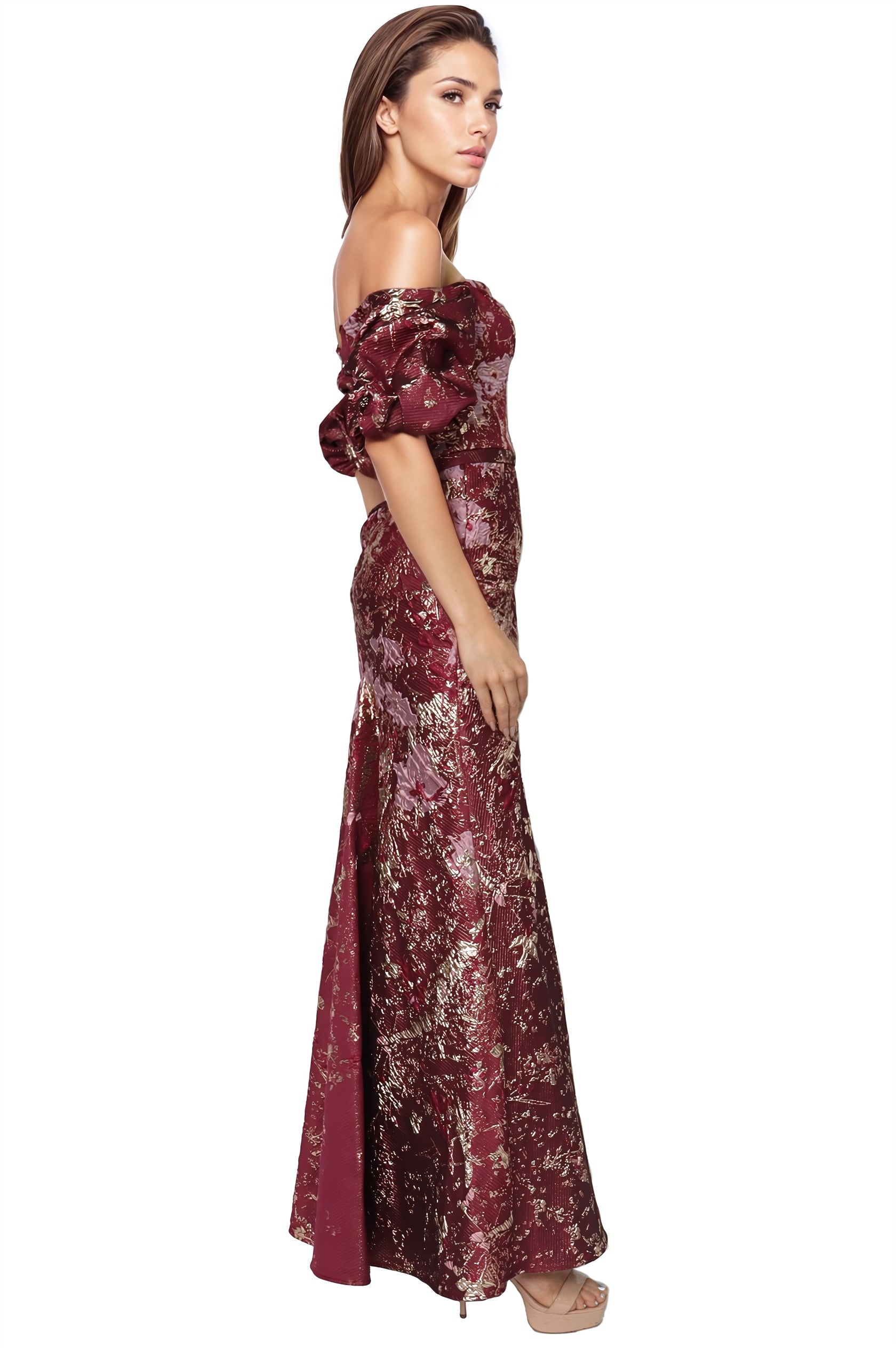 Off The Shoulder Gathered Puff Sleeve Brocade Gown with Notched Neckline  