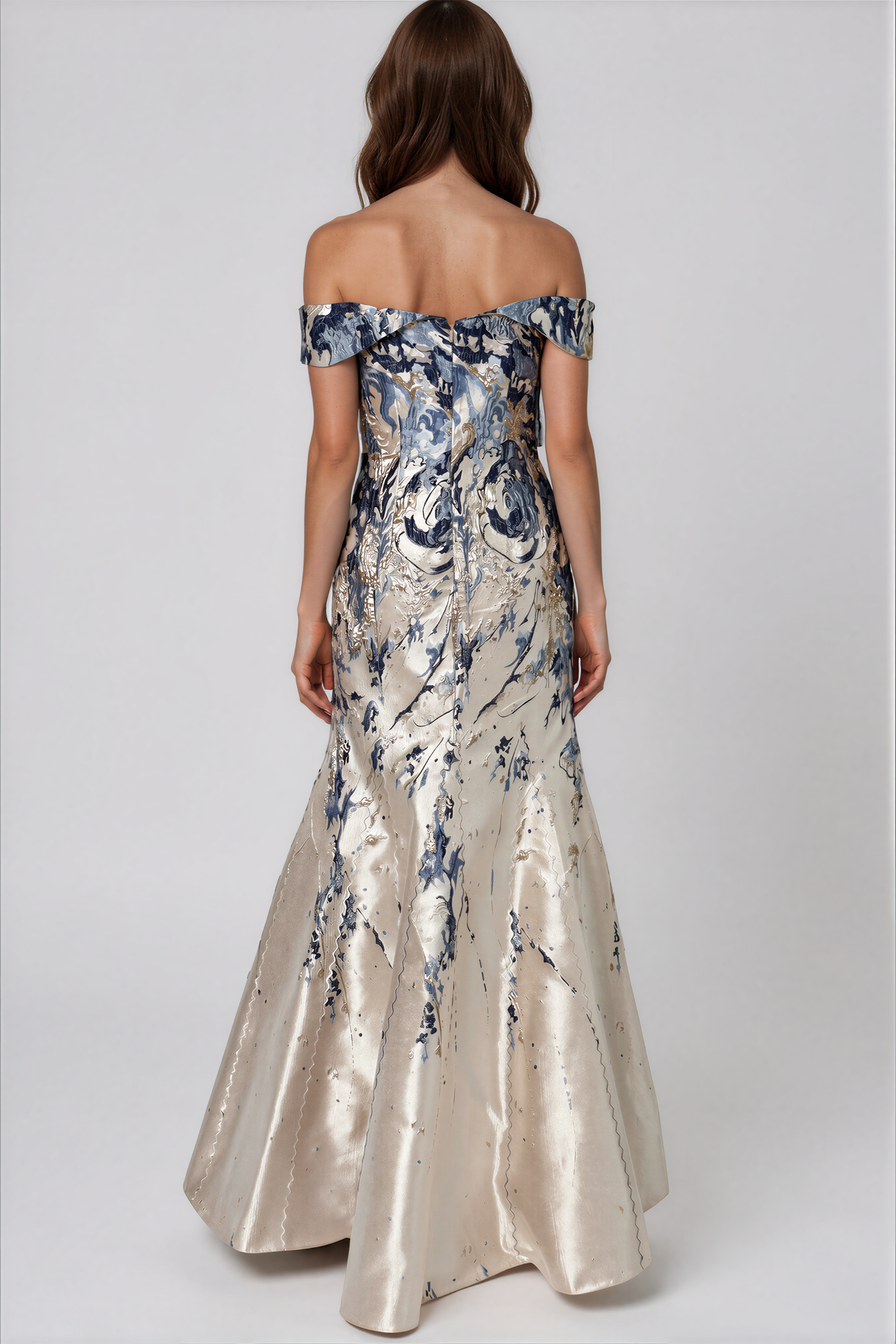 Off The Shoulder Brocade Fit and Flare Gown Gown Rene Ruiz Collection