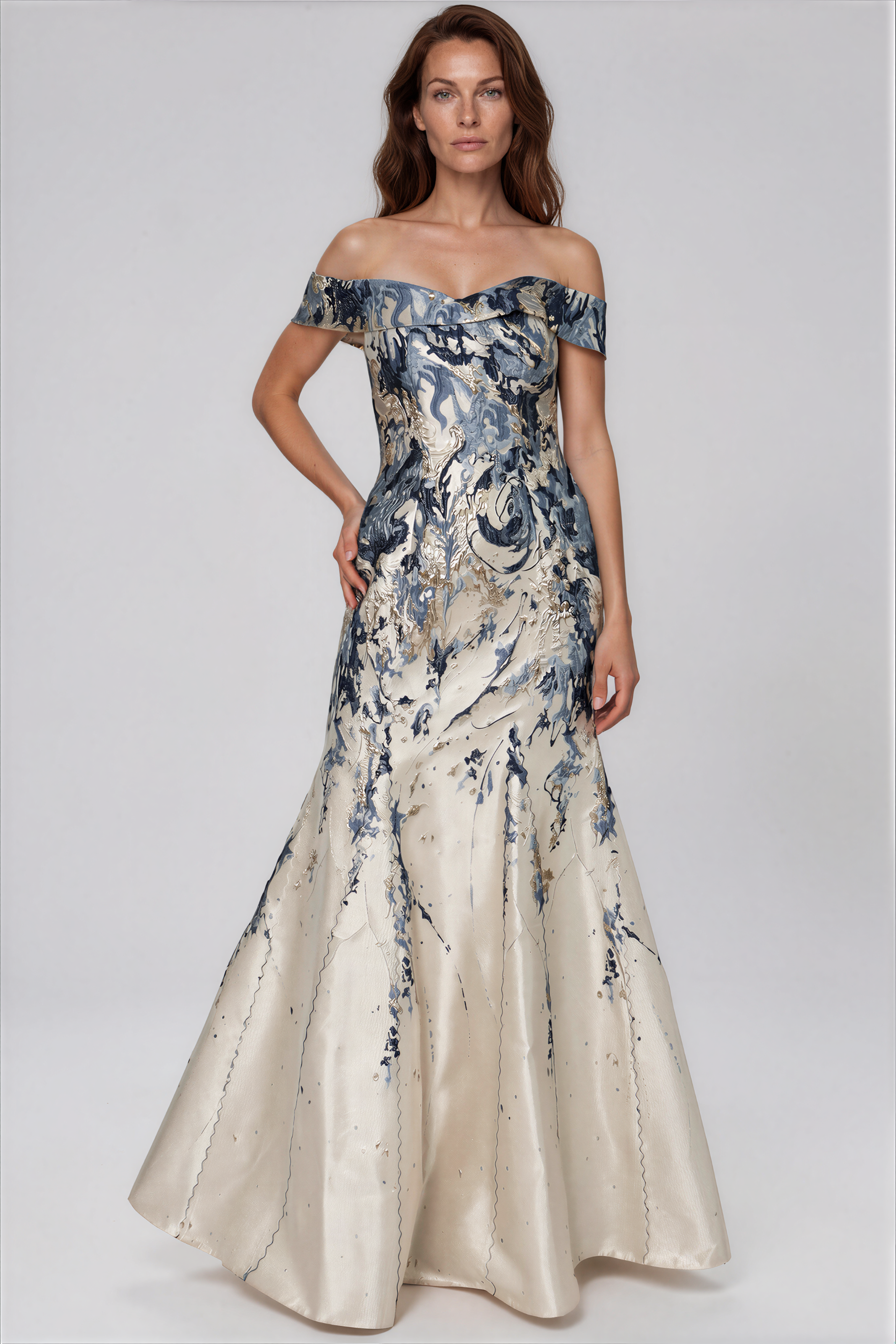 Off The Shoulder Brocade Fit and Flare Gown