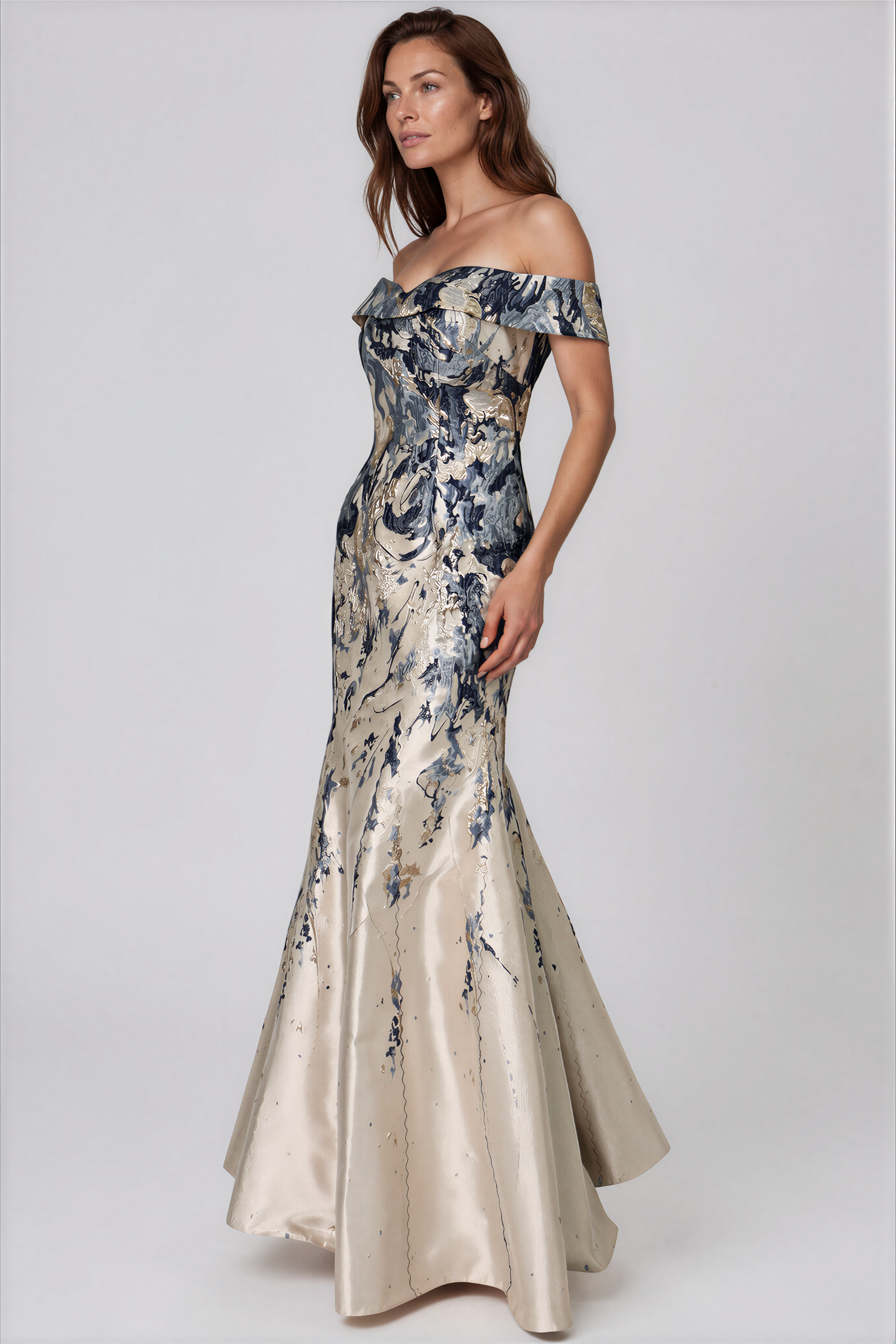 Off The Shoulder Brocade Fit and Flare Gown Gown Rene Ruiz Collection