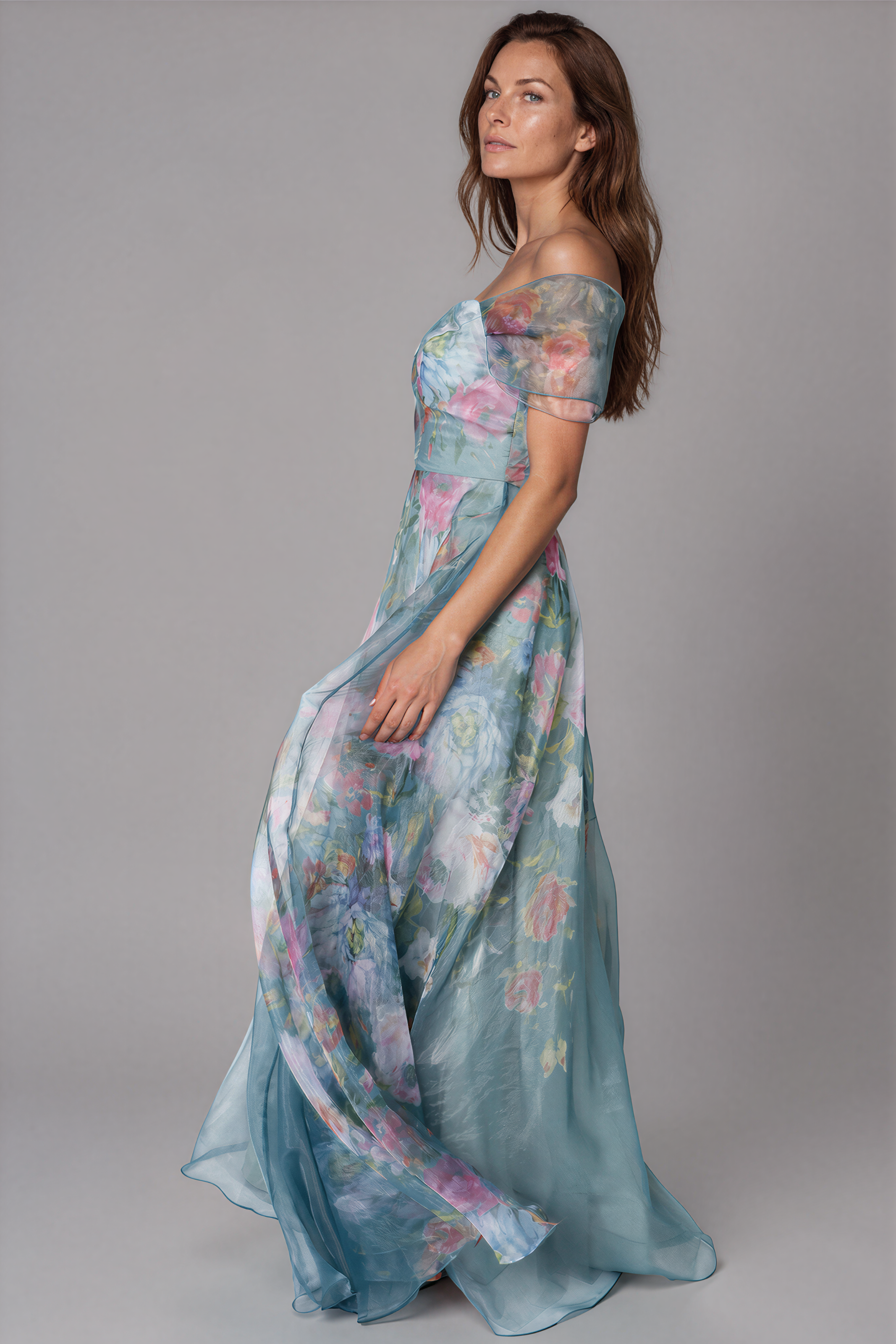 Wrap Sleeve Off The Shoulder Organza Gown Gown Rene Ruiz Collection