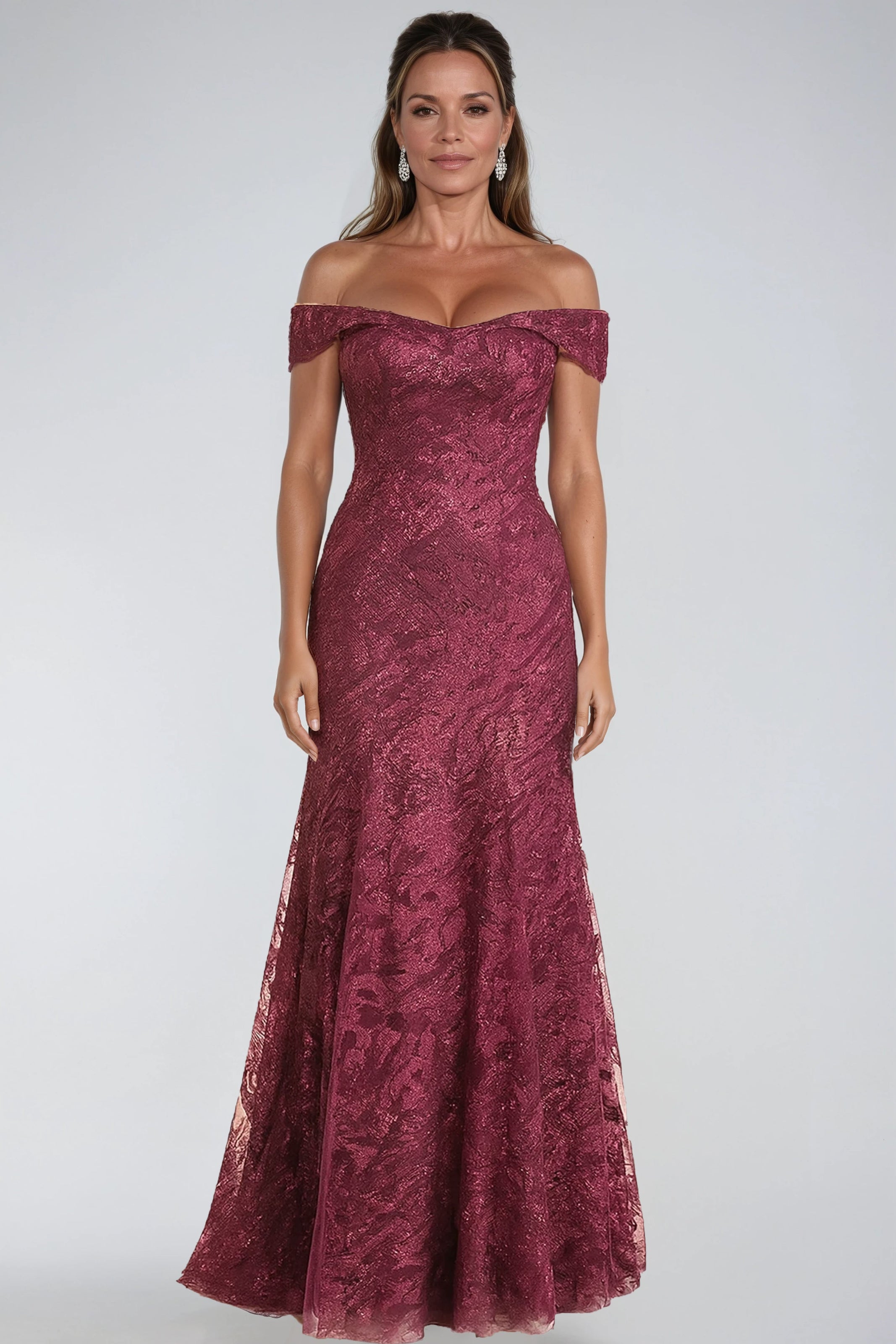 Off The Shoulder Embroidered Fit And Flare Gown Gown Rene Ruiz Collection