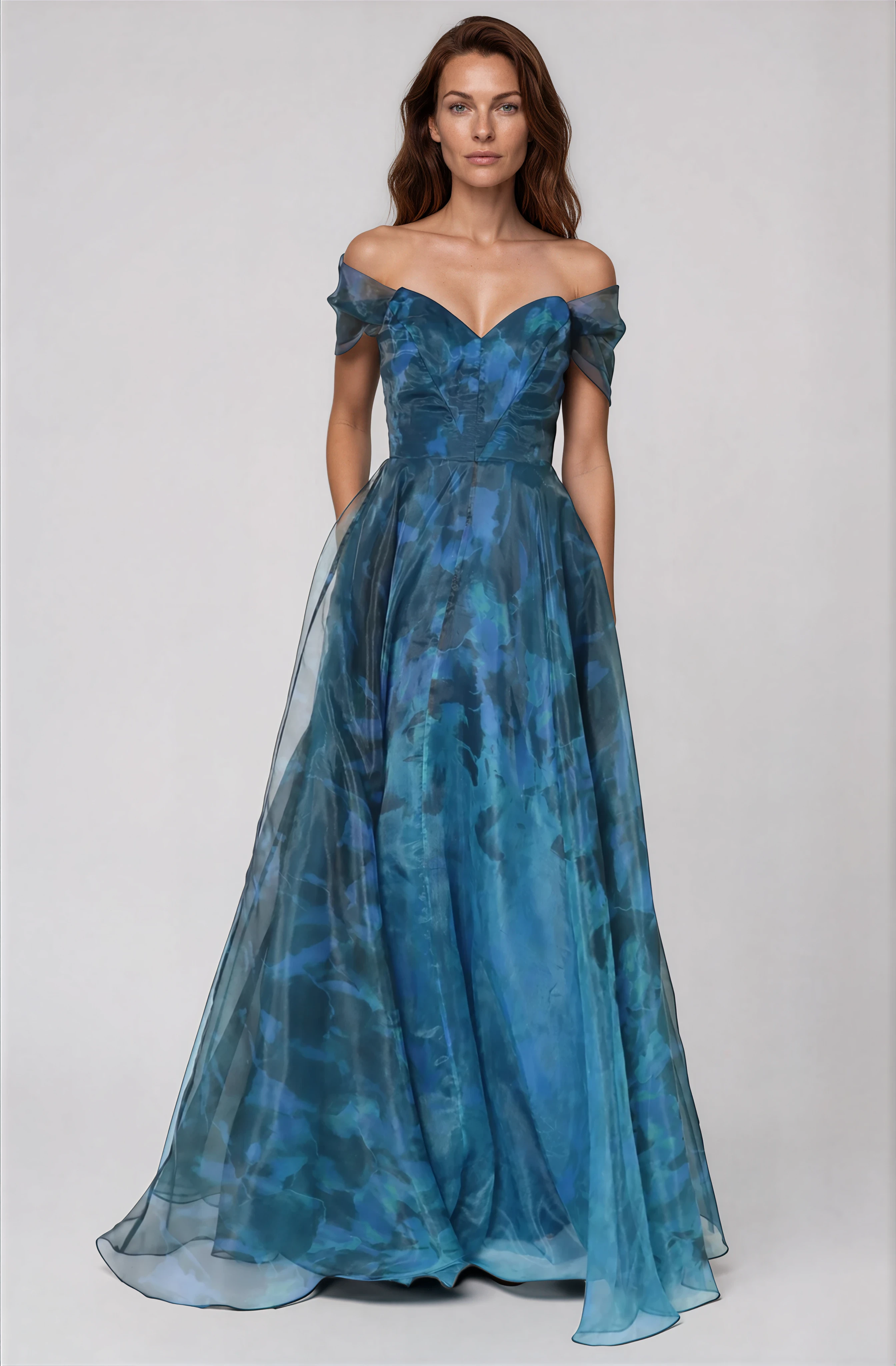 Wrap Sleeve Off The Shoulder Organza Gown Gown Rene Ruiz Collection