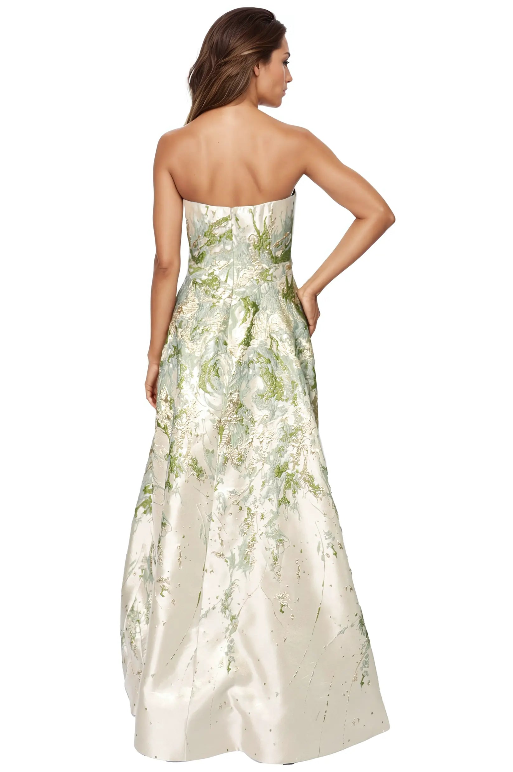 Strapless Boarder Print Brocade A-Line Gown  