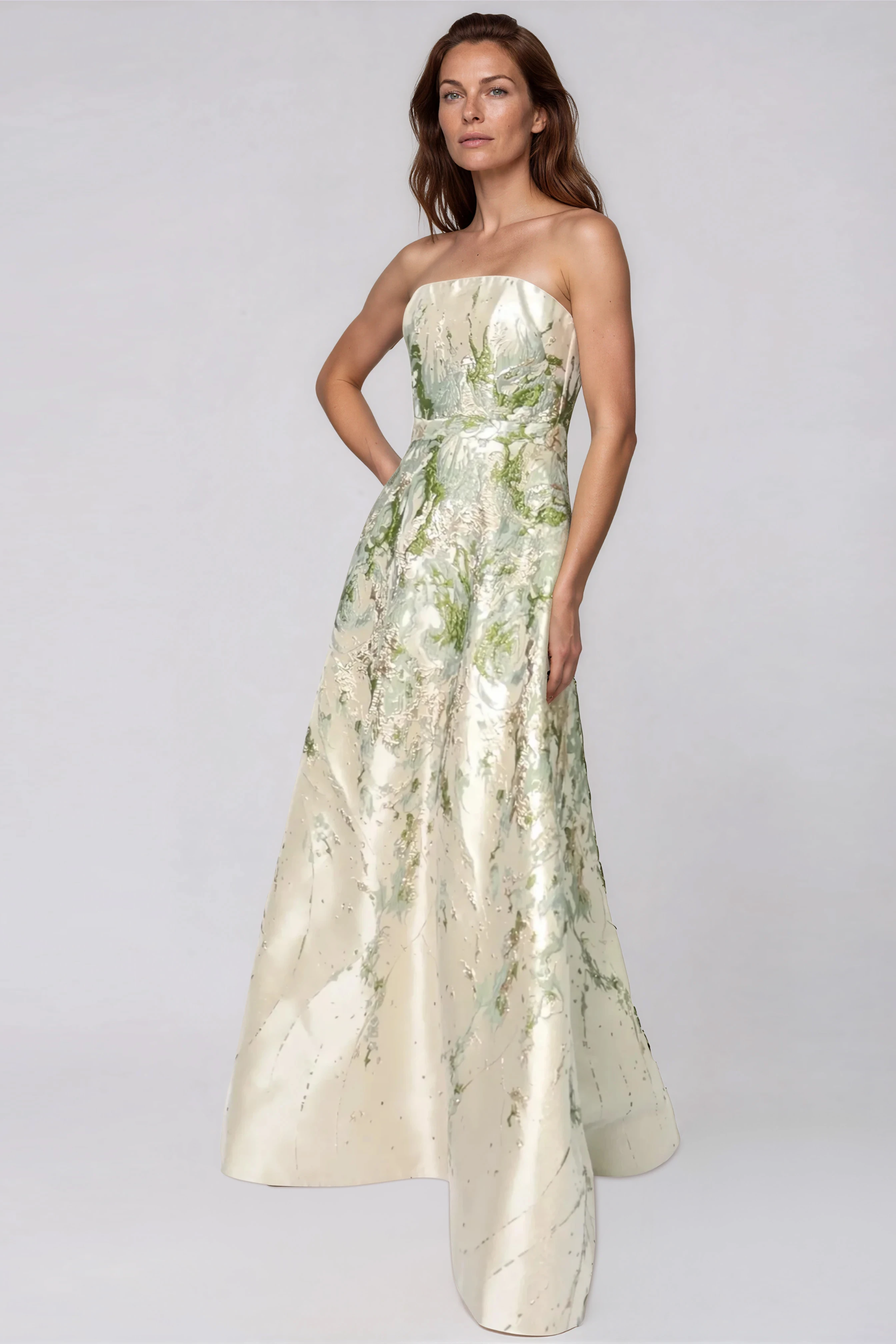 Strapless Boarder Print Brocade A-Line Gown Gown Rene Ruiz Collection