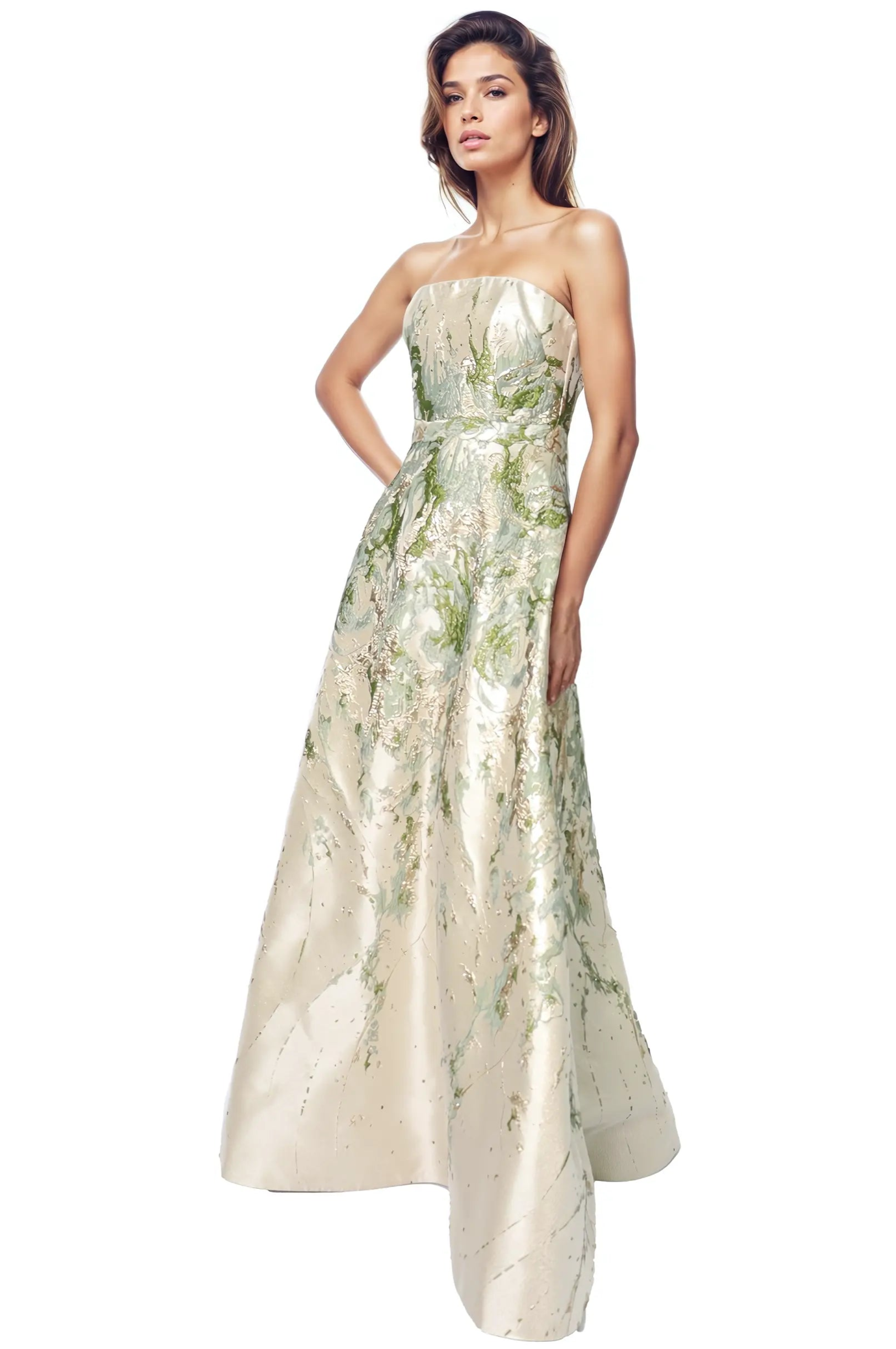 Strapless Boarder Print Brocade A-Line Gown  