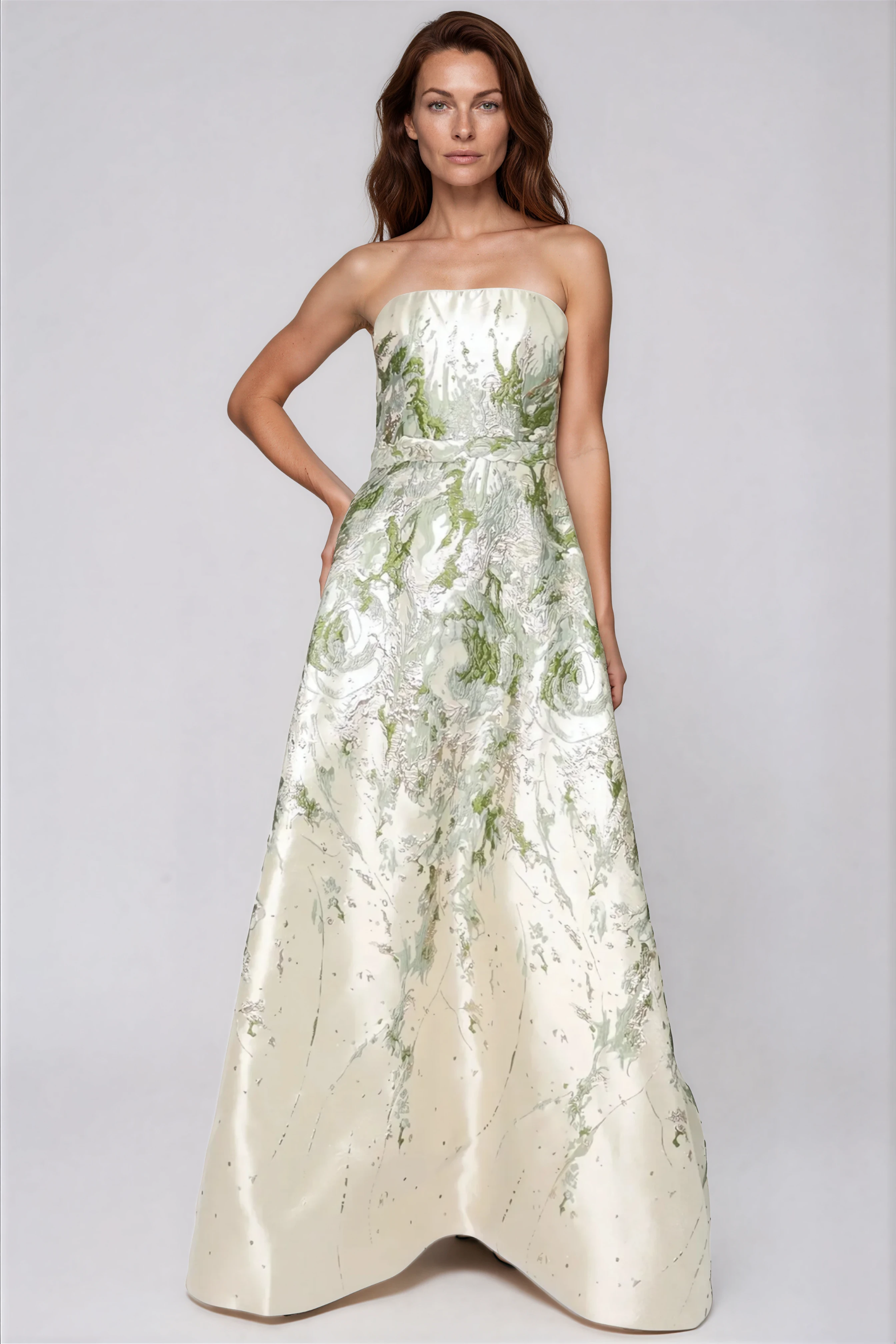 Strapless Boarder Print Brocade A-Line Gown Gown Rene Ruiz Collection