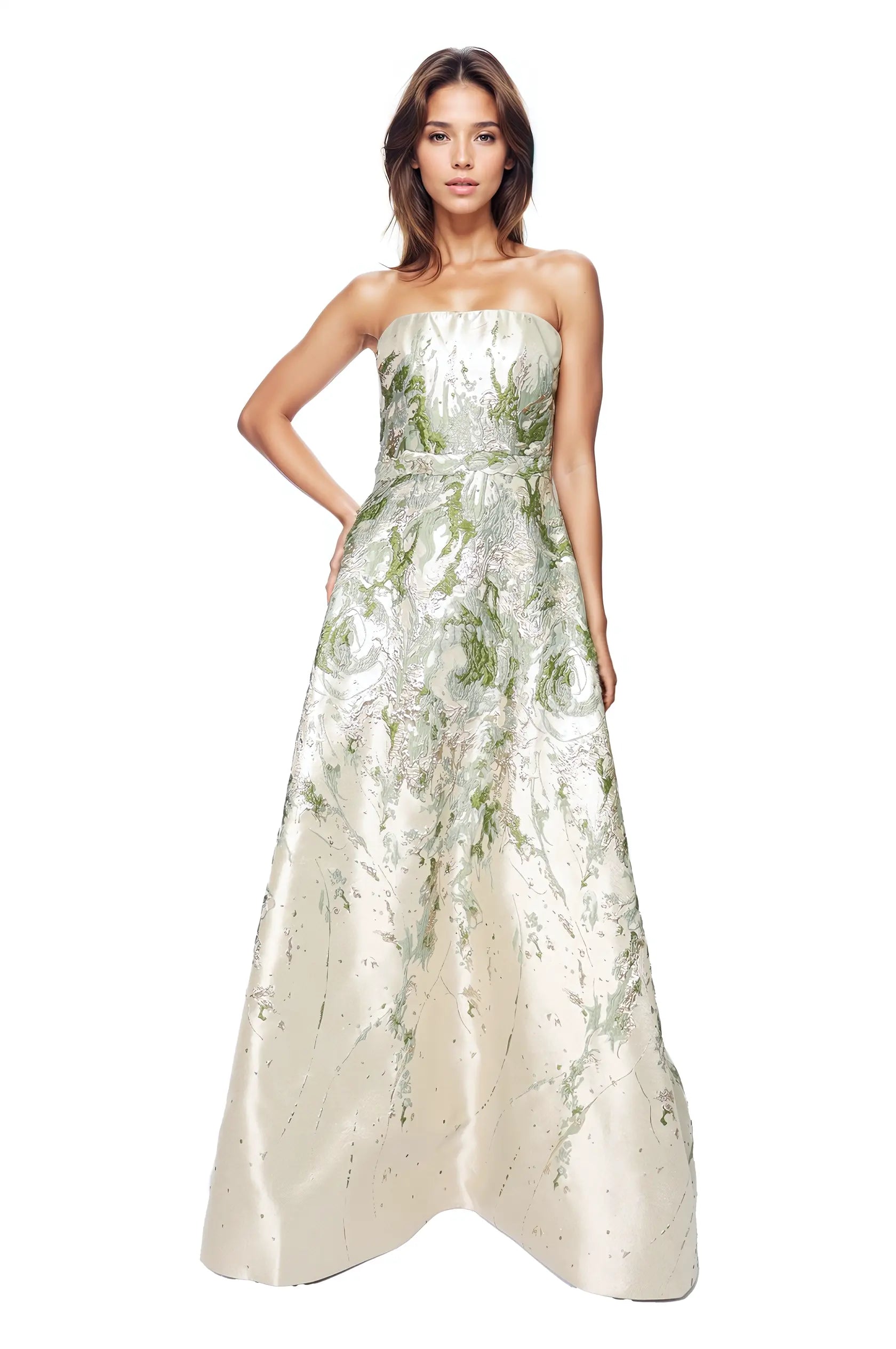 Strapless Boarder Print Brocade A-Line Gown  