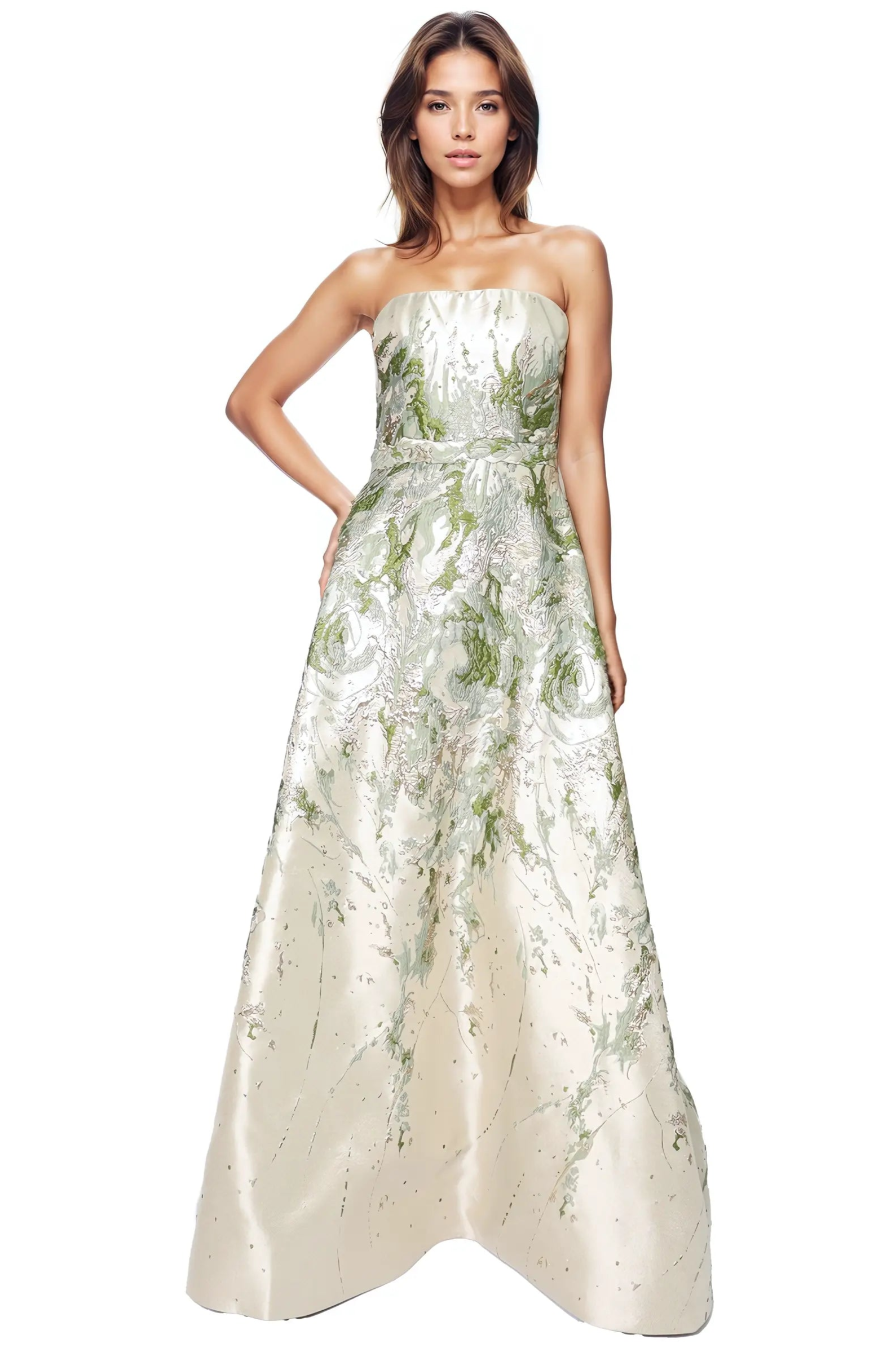 Strapless Boarder Print Brocade A-Line Gown  