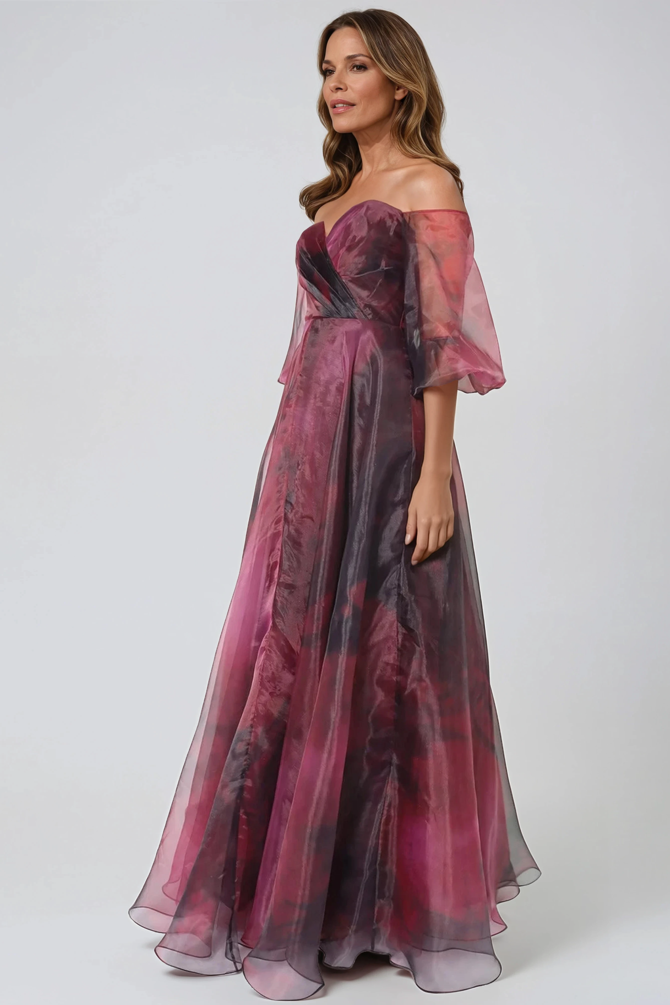 3/4 Puff Sleeve Organza Gown Gown Rene Ruiz Collection