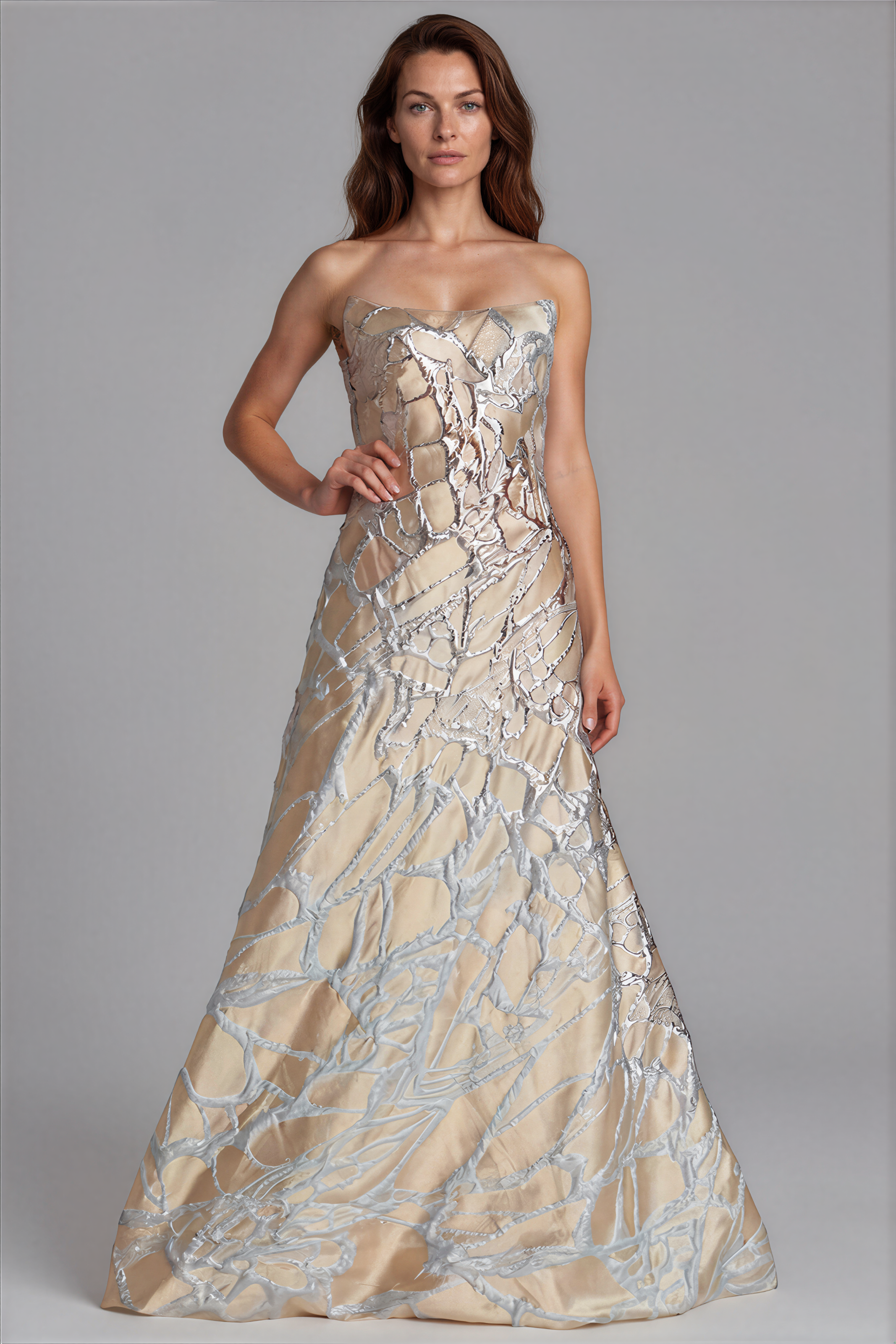 Strapless Abstract Metallic Jacquard Gown