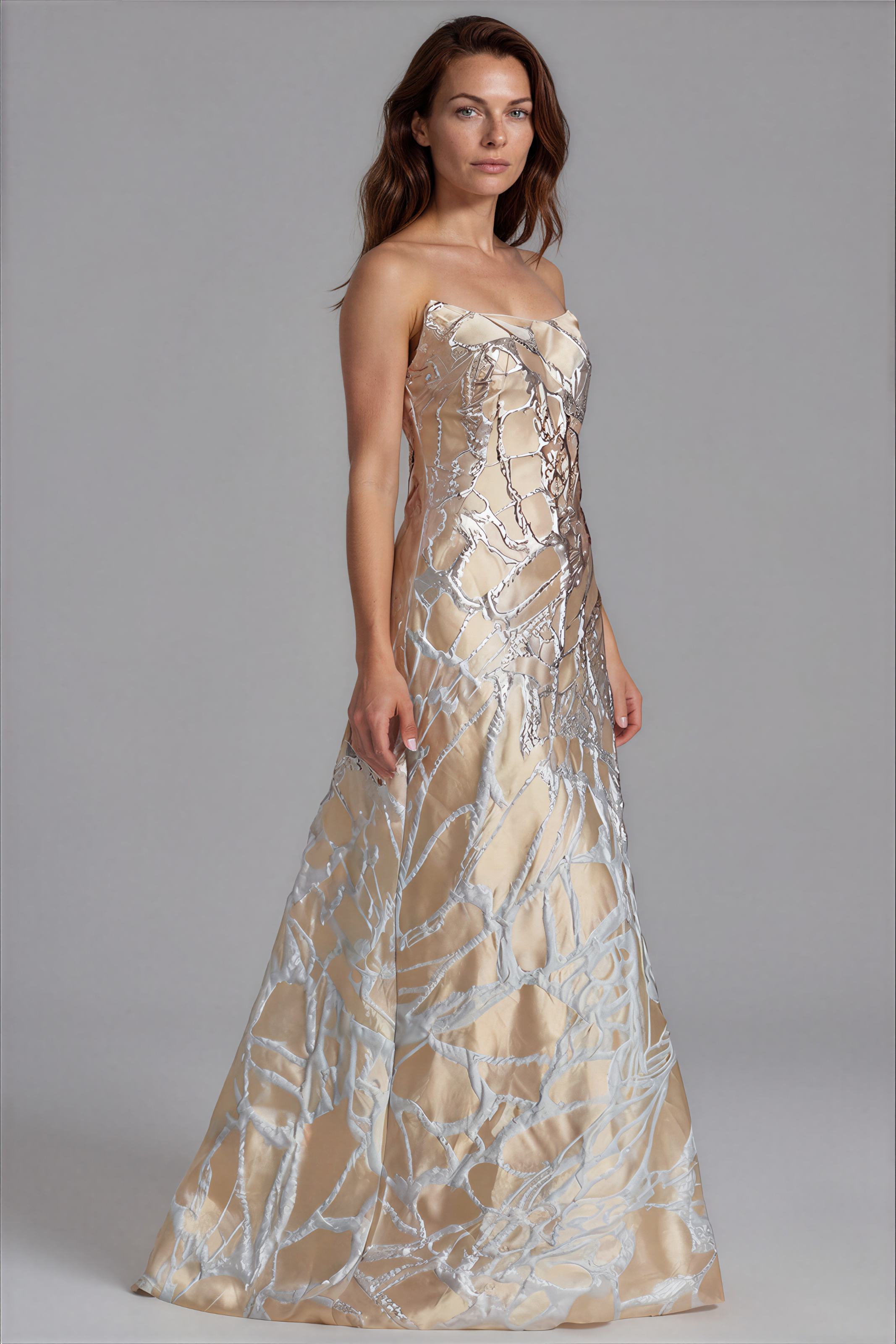 Strapless Abstract Metallic Jacquard Gown Gown Rene Ruiz Collection