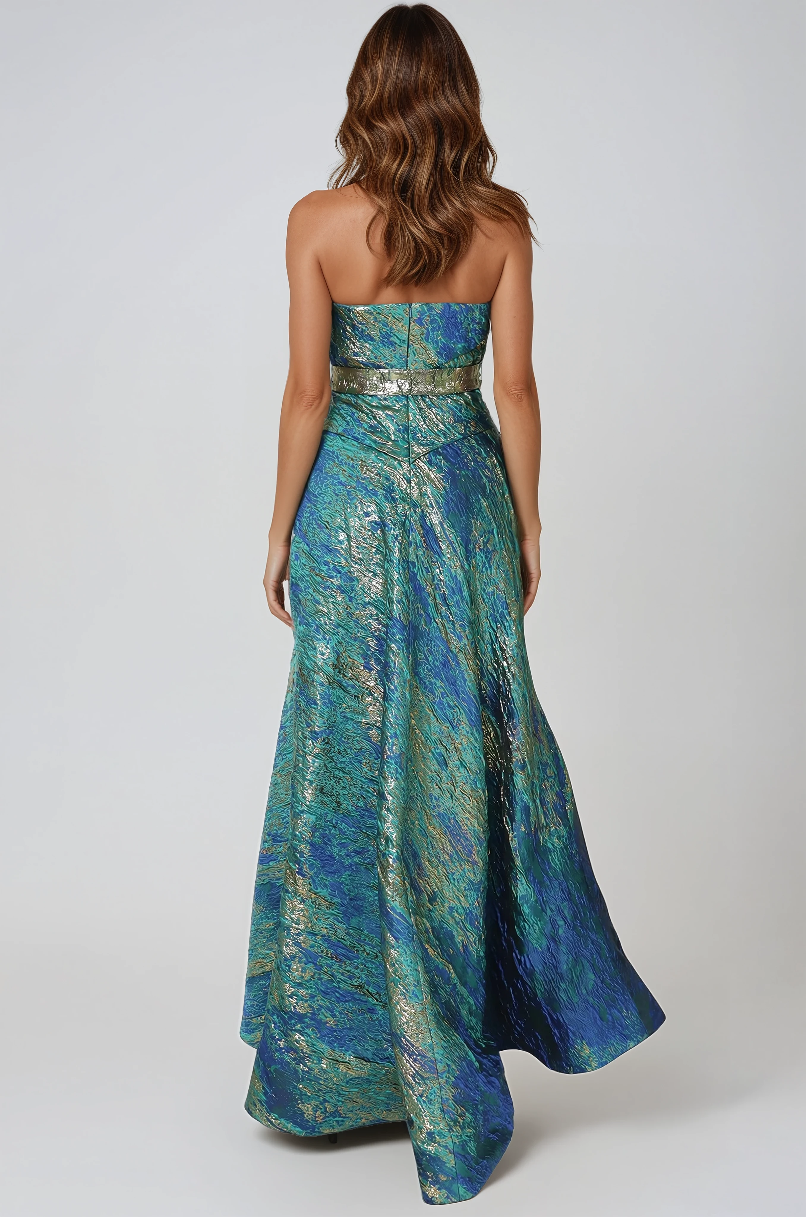 Asymmetric Strapless Brocade Gown Gown Rene Ruiz Collection