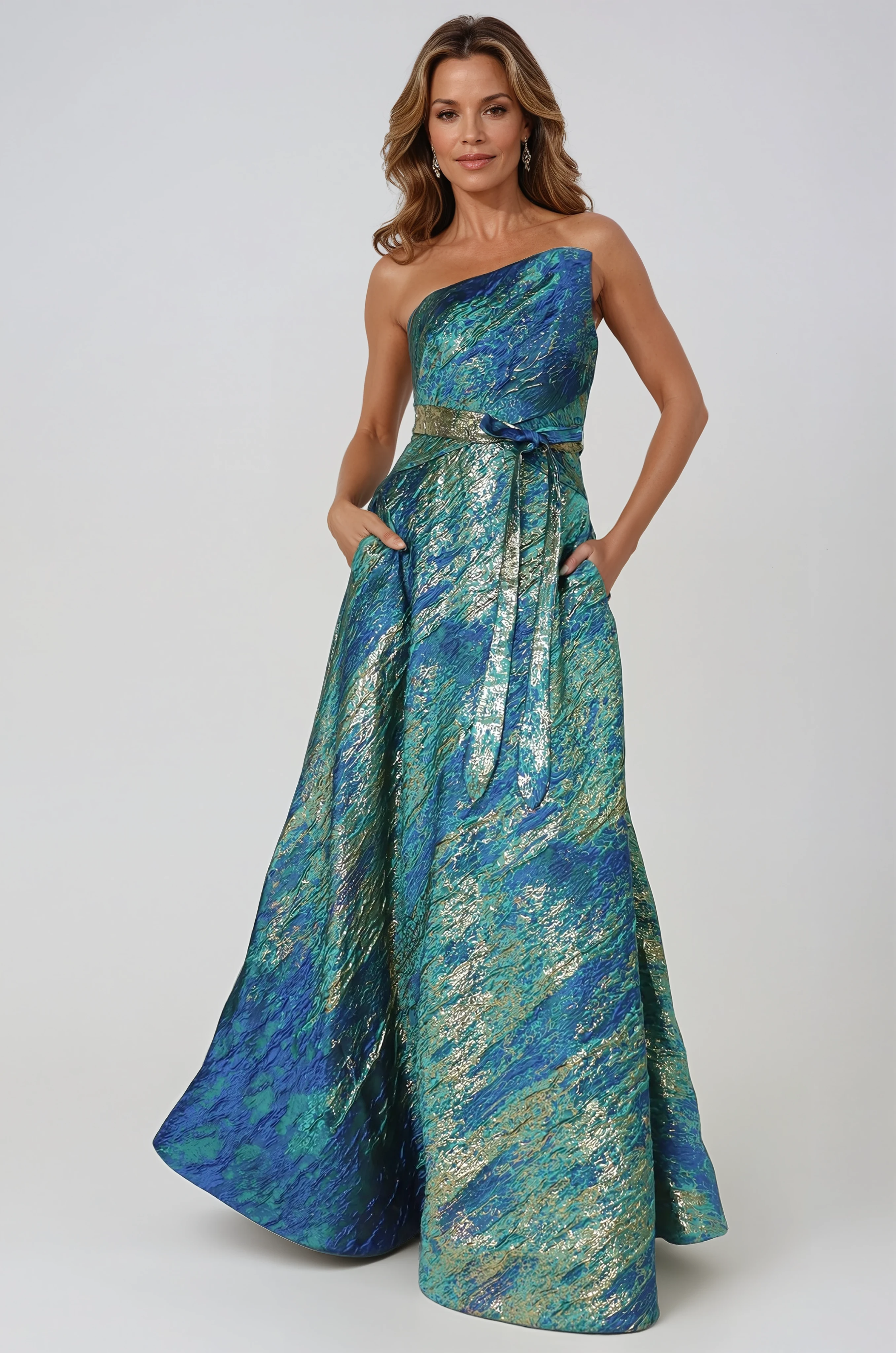 Asymmetric Strapless Brocade Gown Gown Rene Ruiz Collection