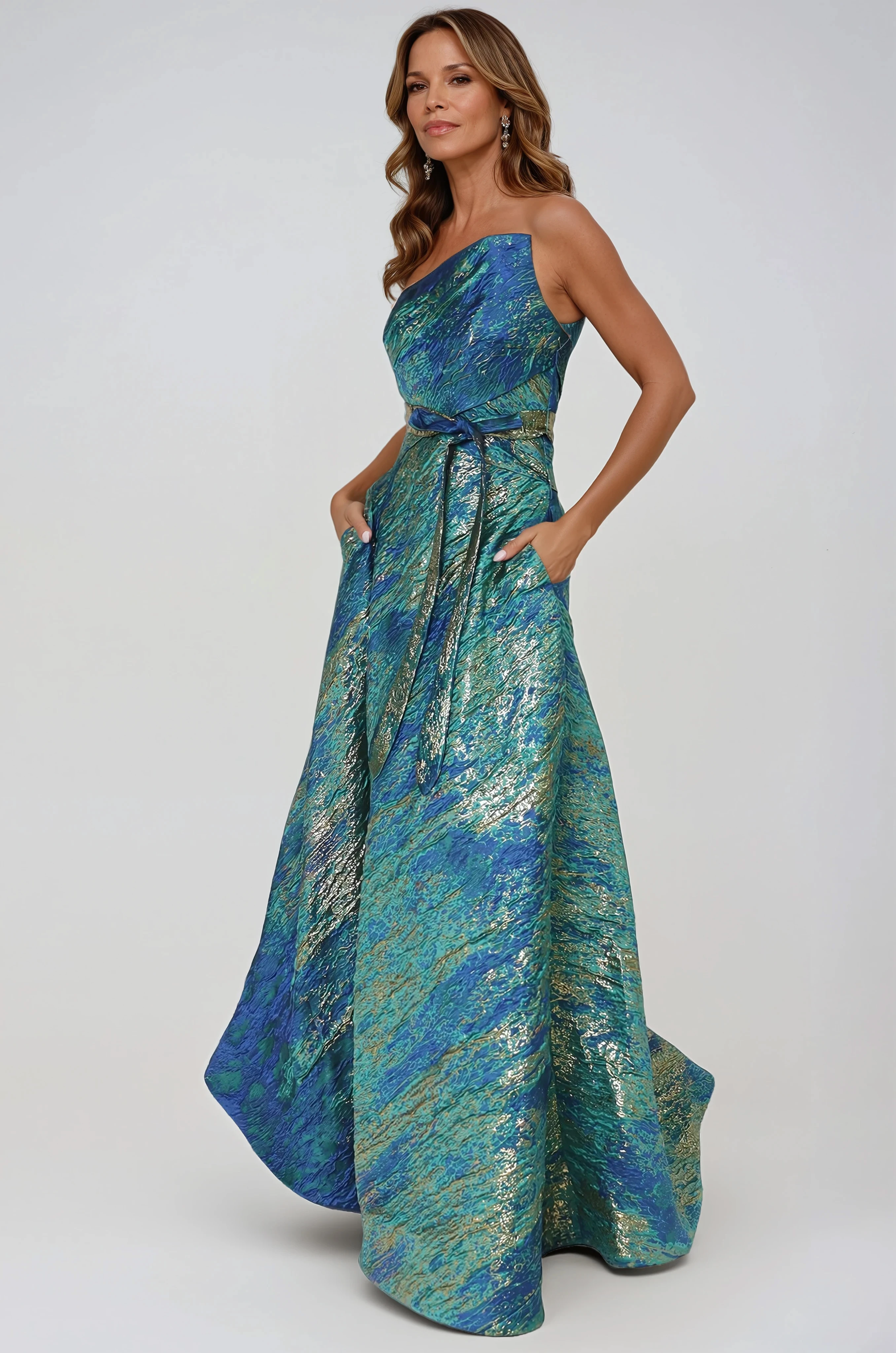Asymmetric Strapless Brocade Gown Gown Rene Ruiz Collection