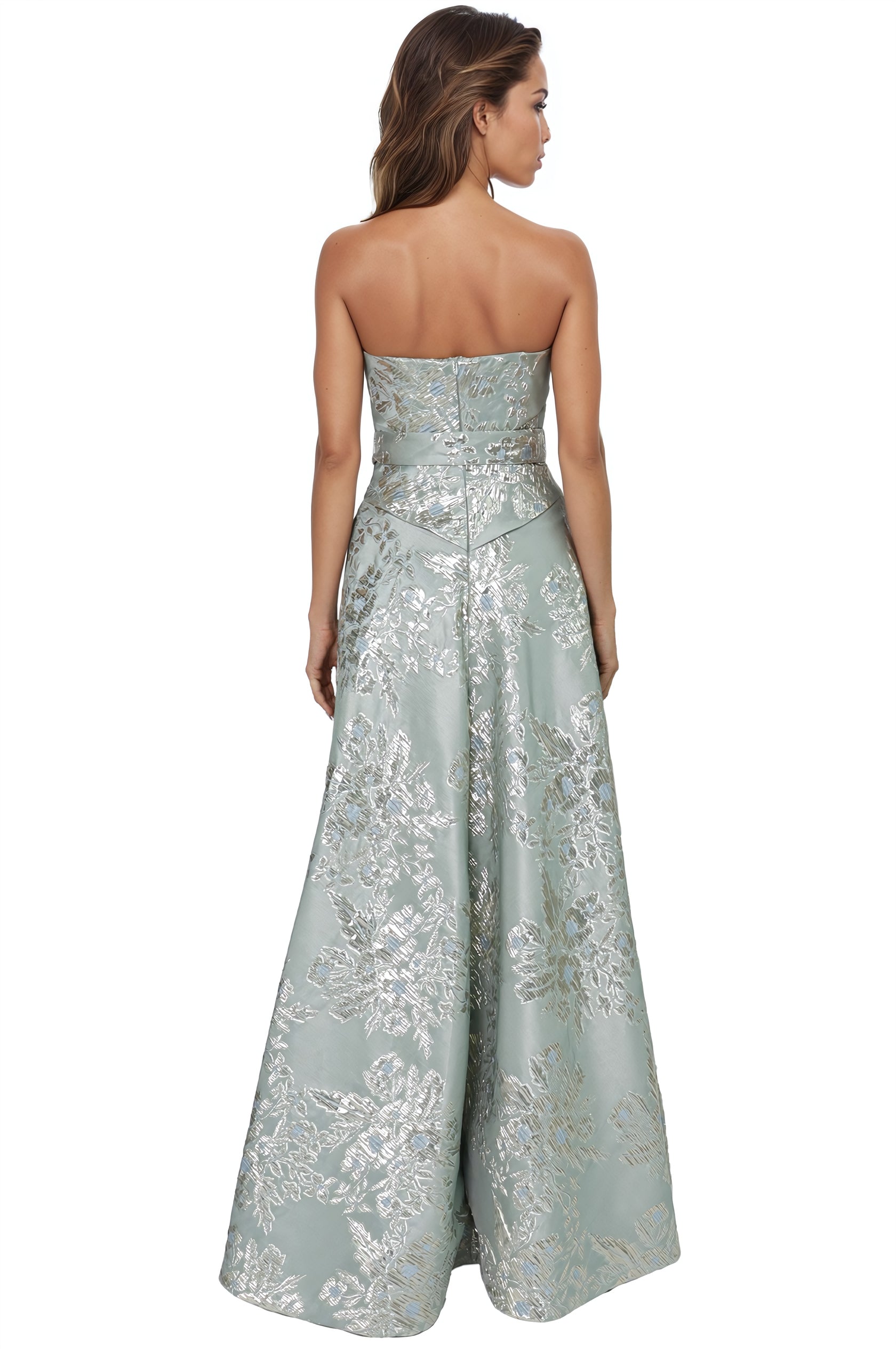 Strapless Floral-Embroidered Brocade Gown  