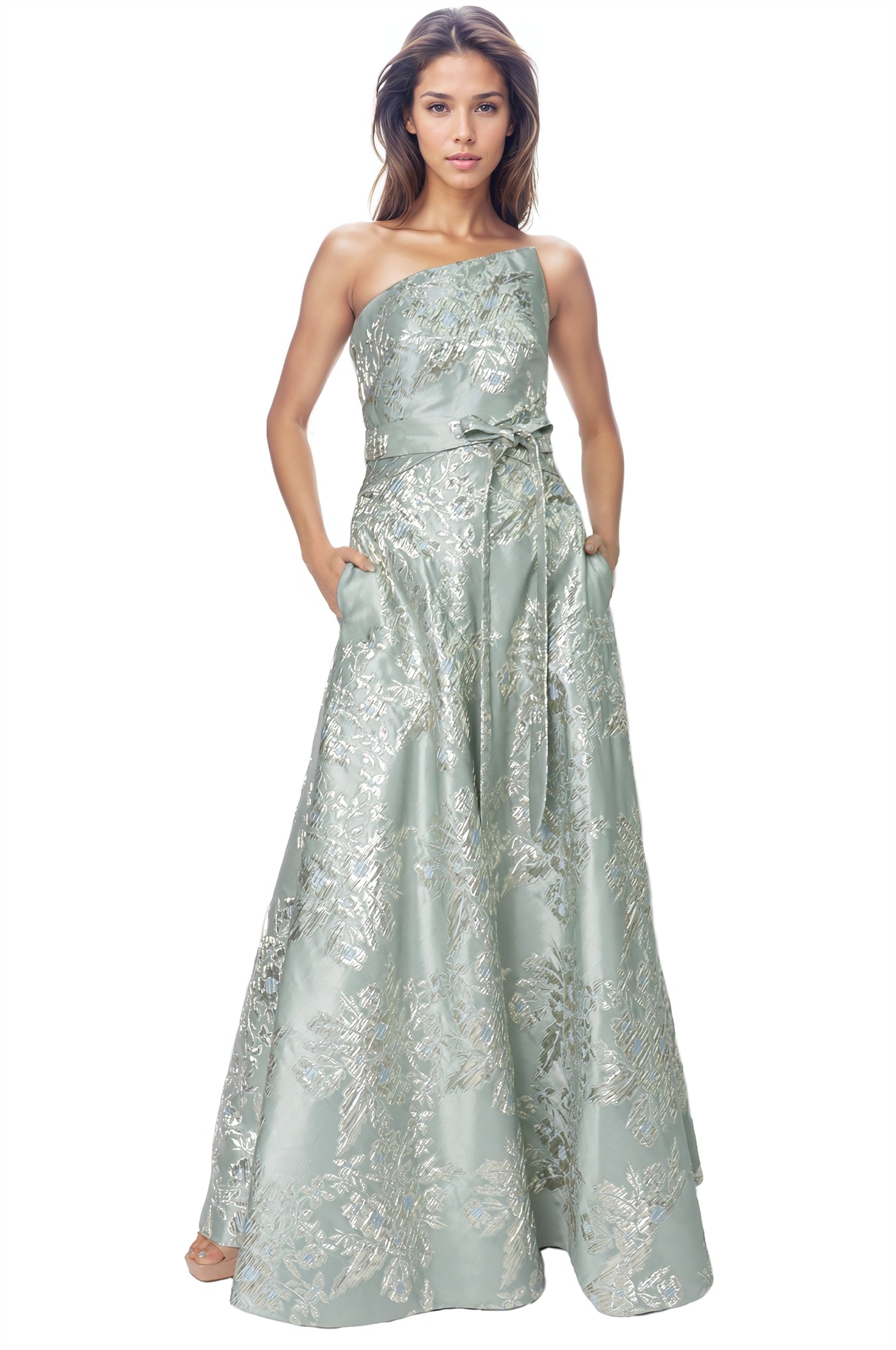 One-Shoulder Tiered Brocade Gown