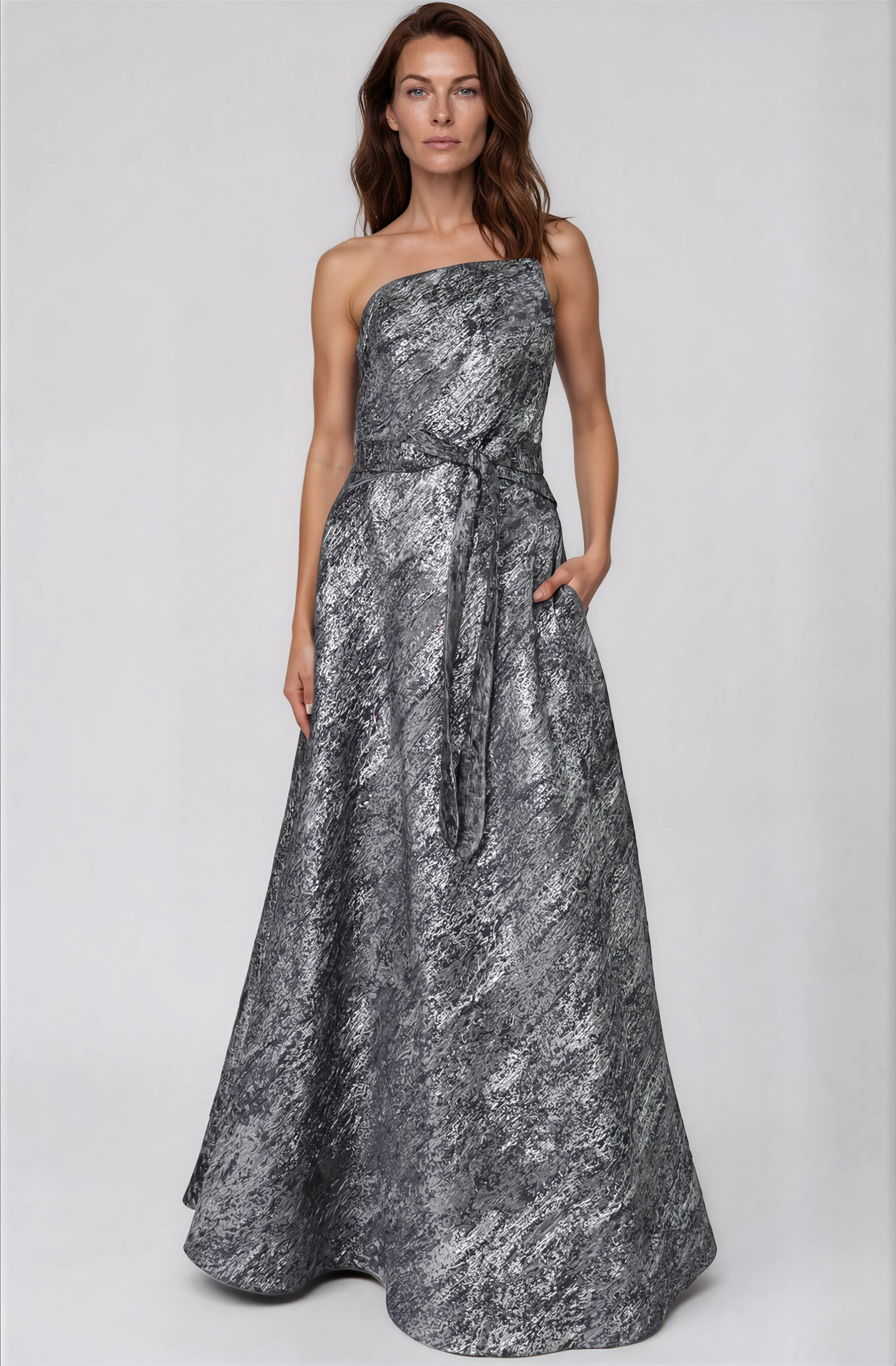 Asymmetric Strapless Brocade Gown Gown Rene Ruiz Collection