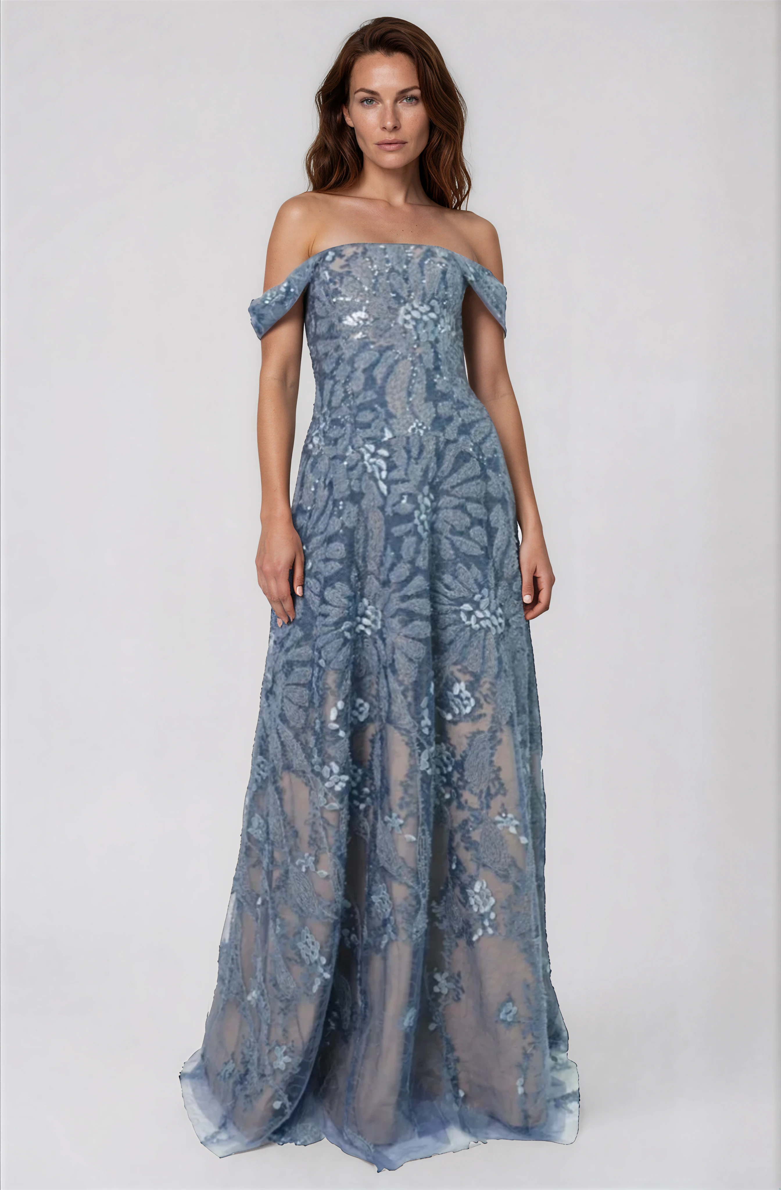sachin and babi light blue dress Floral Embroidered Off the Shoulder A-Line Gown