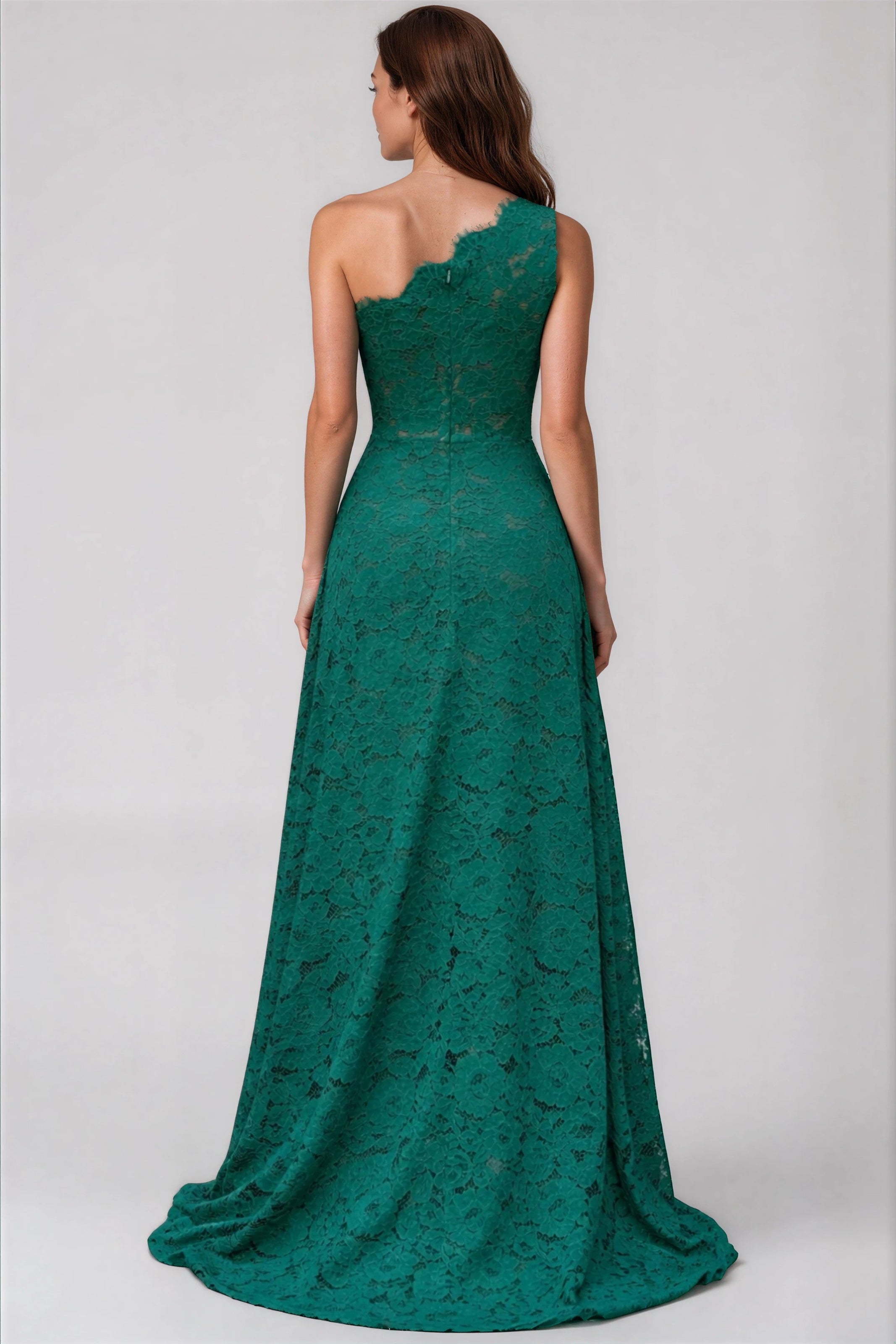 One Shoulder Scalloped Neck Lace A-Line Gown One Shoulder Scalloped Neck Lace A-Line Gown