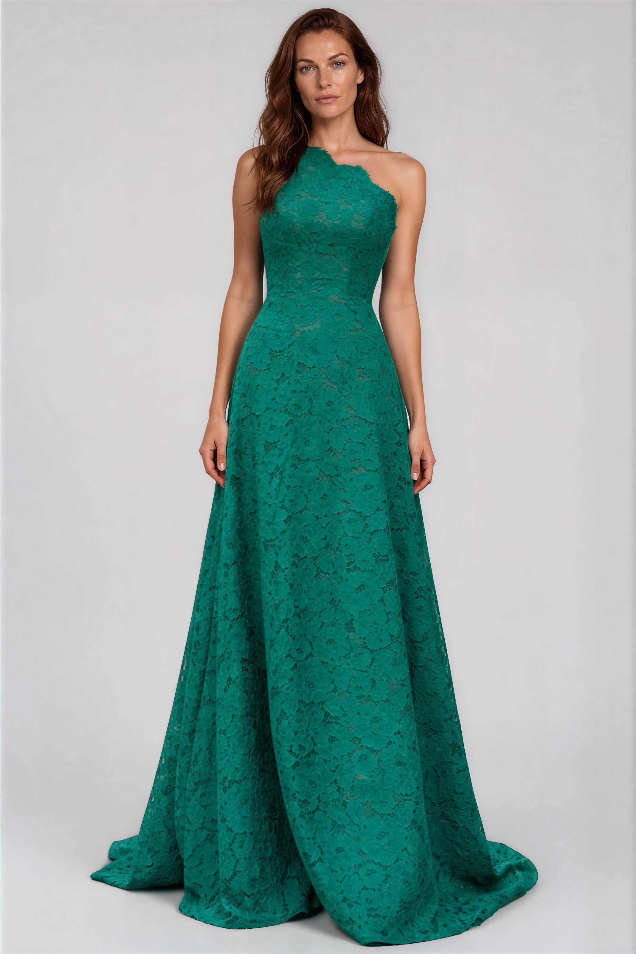 One Shoulder Scalloped Neck Lace A-Line Gown Gown Rene Ruiz Collection