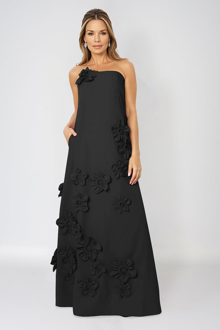 Strapless Floral Appliqué A-Line Crepe Gown Gown Rene Ruiz Collection