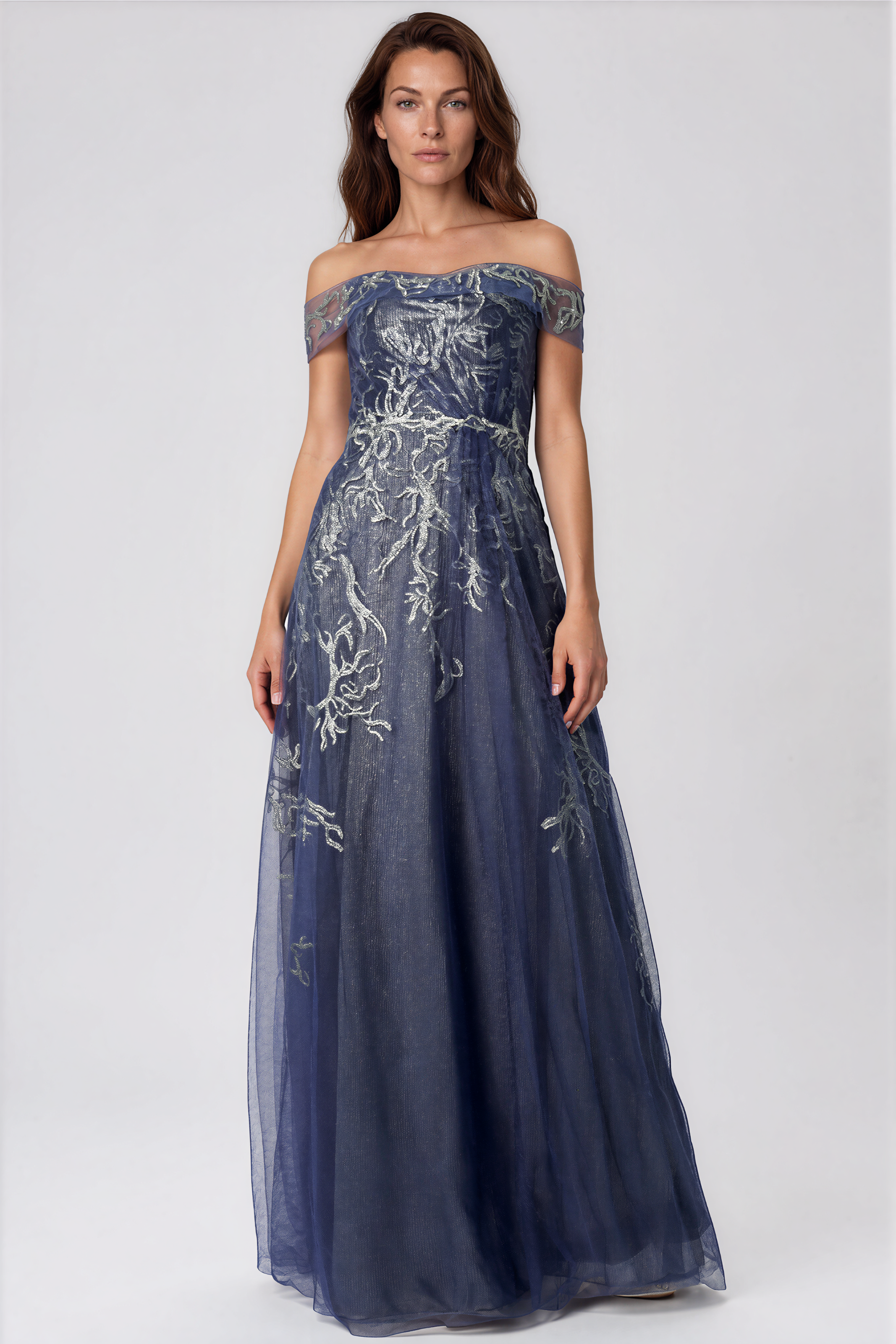 Sequin Embroidered Tulle A-Line Off The Shoulder Gown Gown Rene Ruiz Collection