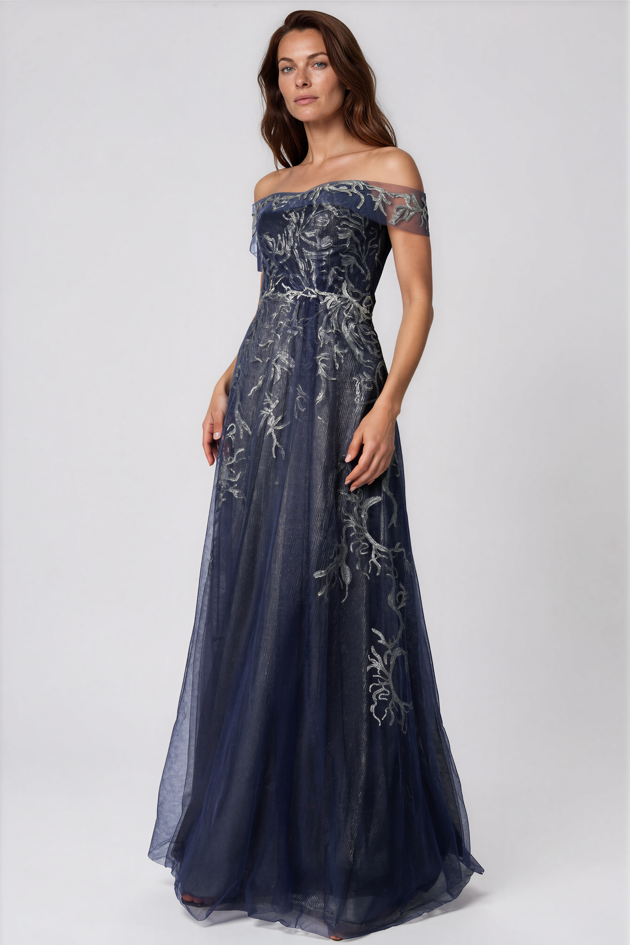 Sequin Embroidered Tulle A-Line Off The Shoulder Gown Gown Rene Ruiz Collection