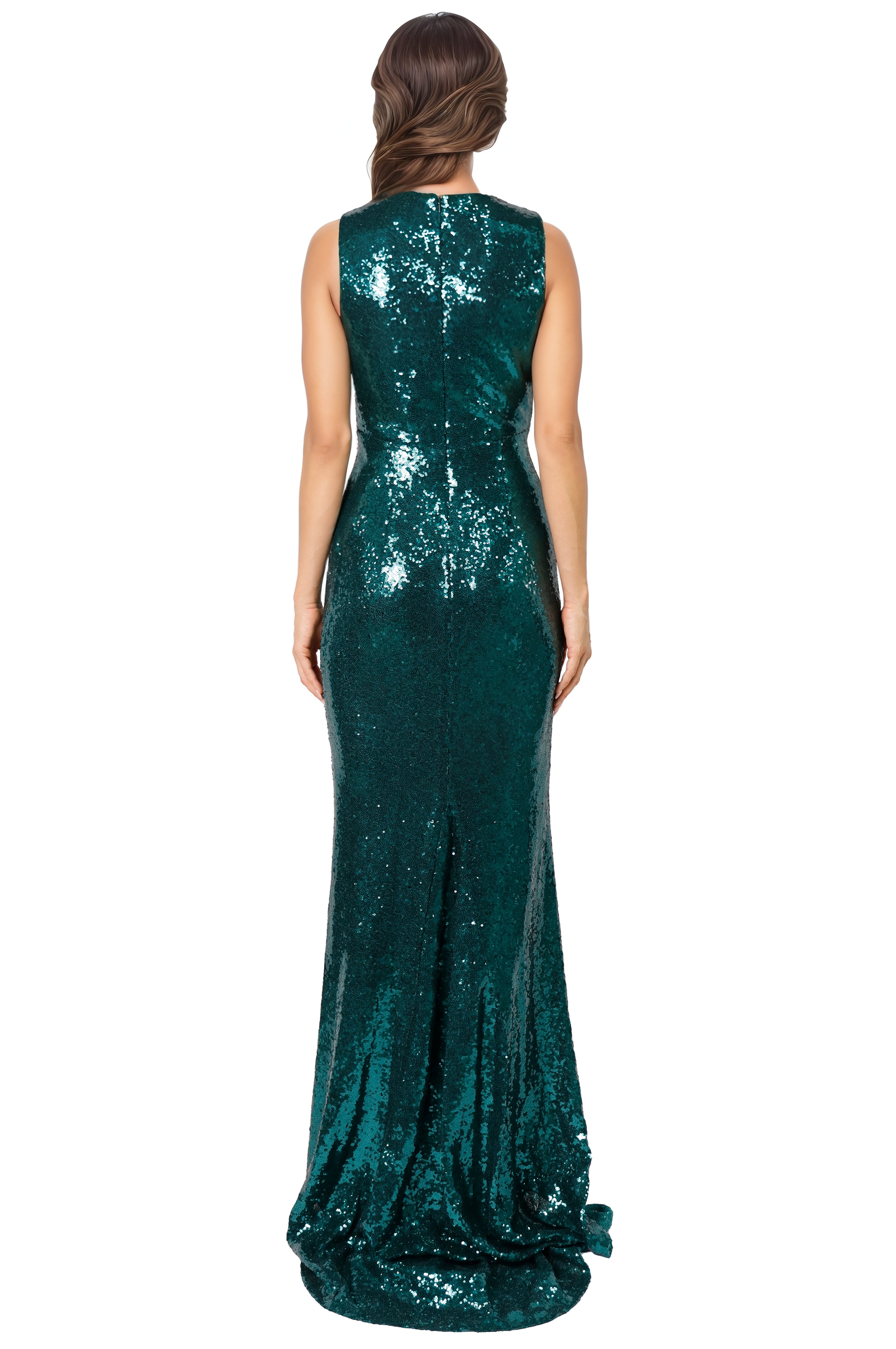 Sleeveless V-Neck Sequin Gown with High Slit