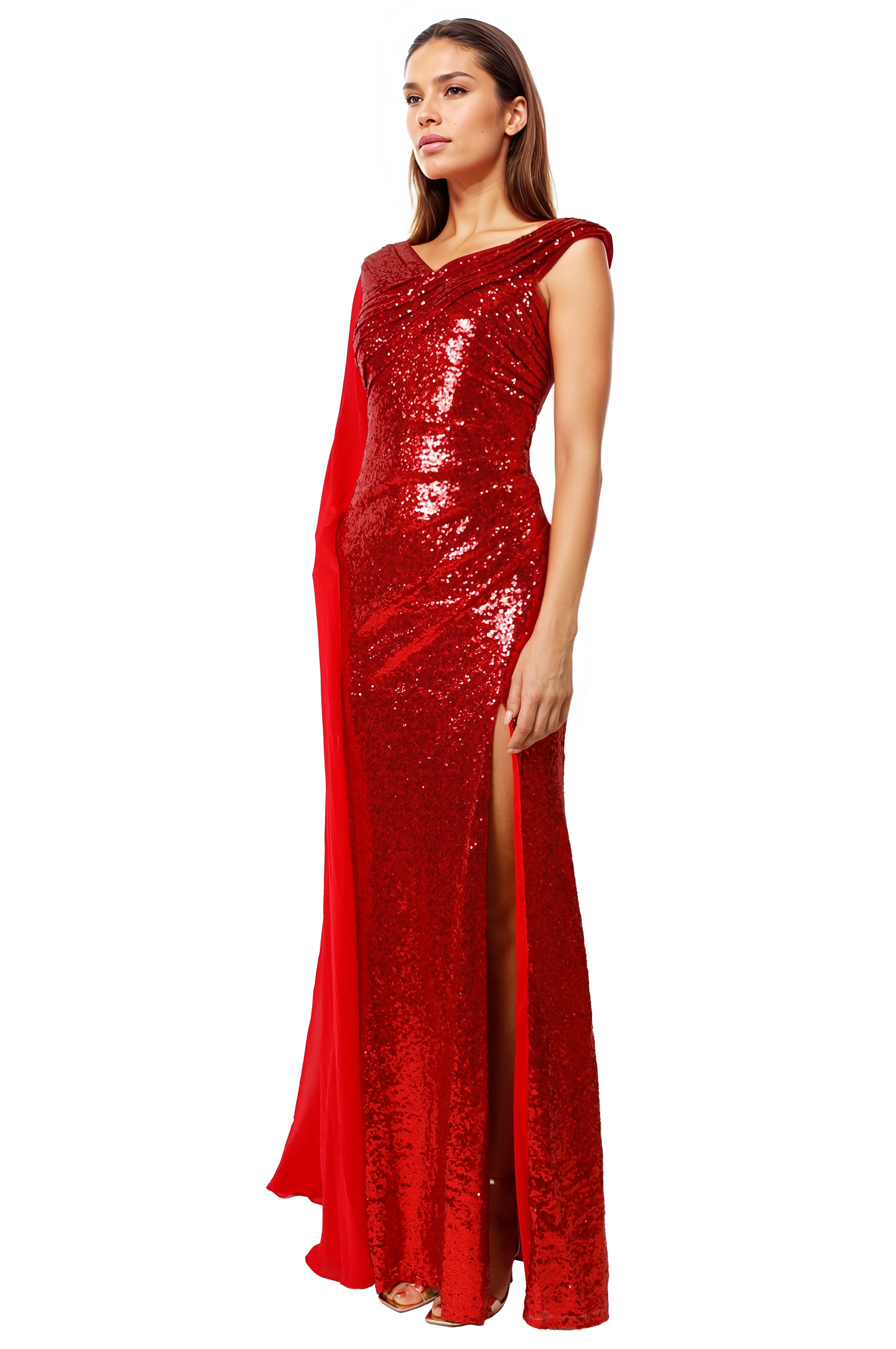 One Sleeve Cape Sequin Fit And Flare Gown One Sleeve Cape Sequin Fit And Flare Gown